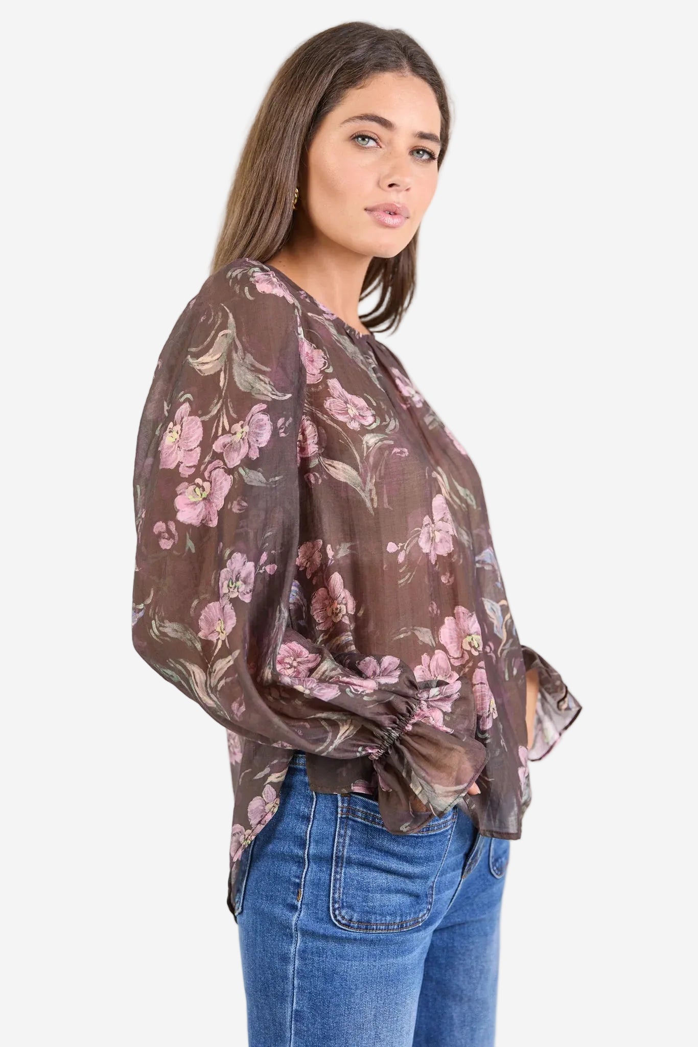 BY ROSA ENDLESS CHOCOLATE FLORAL BLOUSON SLEEVE LS TOP - THE VOGUE STORE