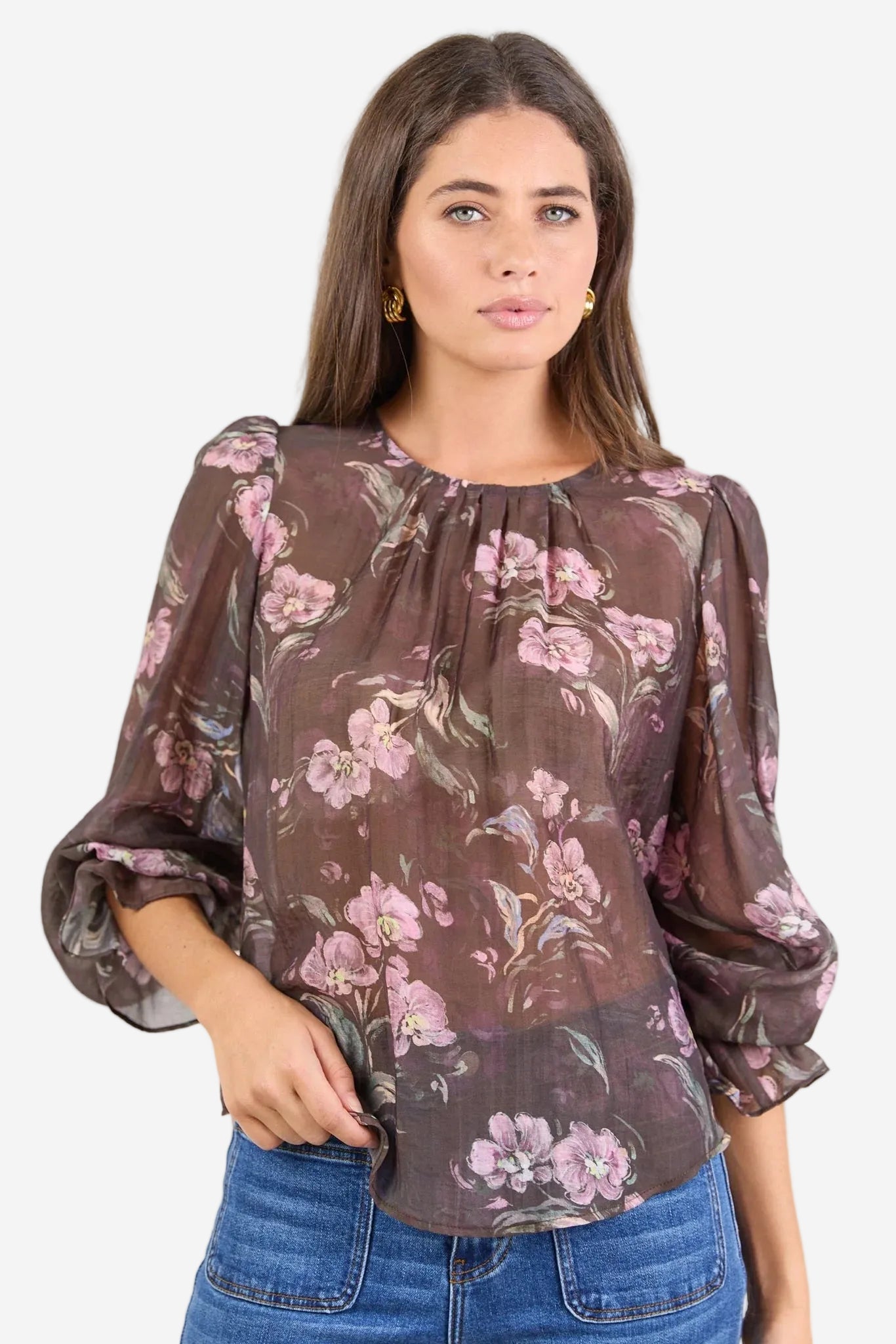 BY ROSA ENDLESS CHOCOLATE FLORAL BLOUSON SLEEVE LS TOP - THE VOGUE STORE