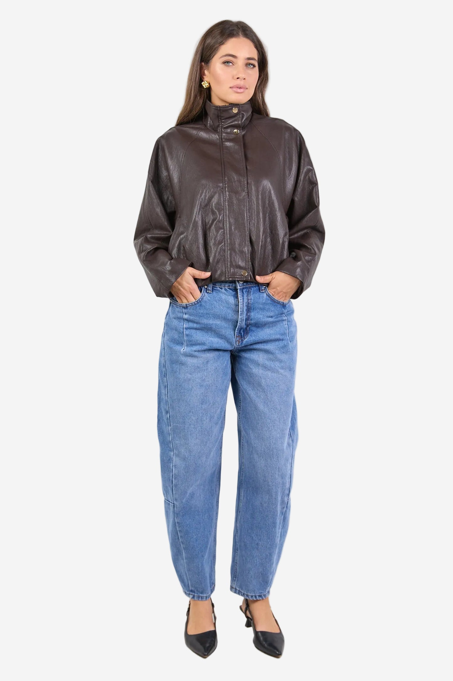 STORIES BE TOLD ENSEMBLE CHOCOLATE FAUX LEATHER ZIP THROUGH JACKET - THE VOGUE STORE