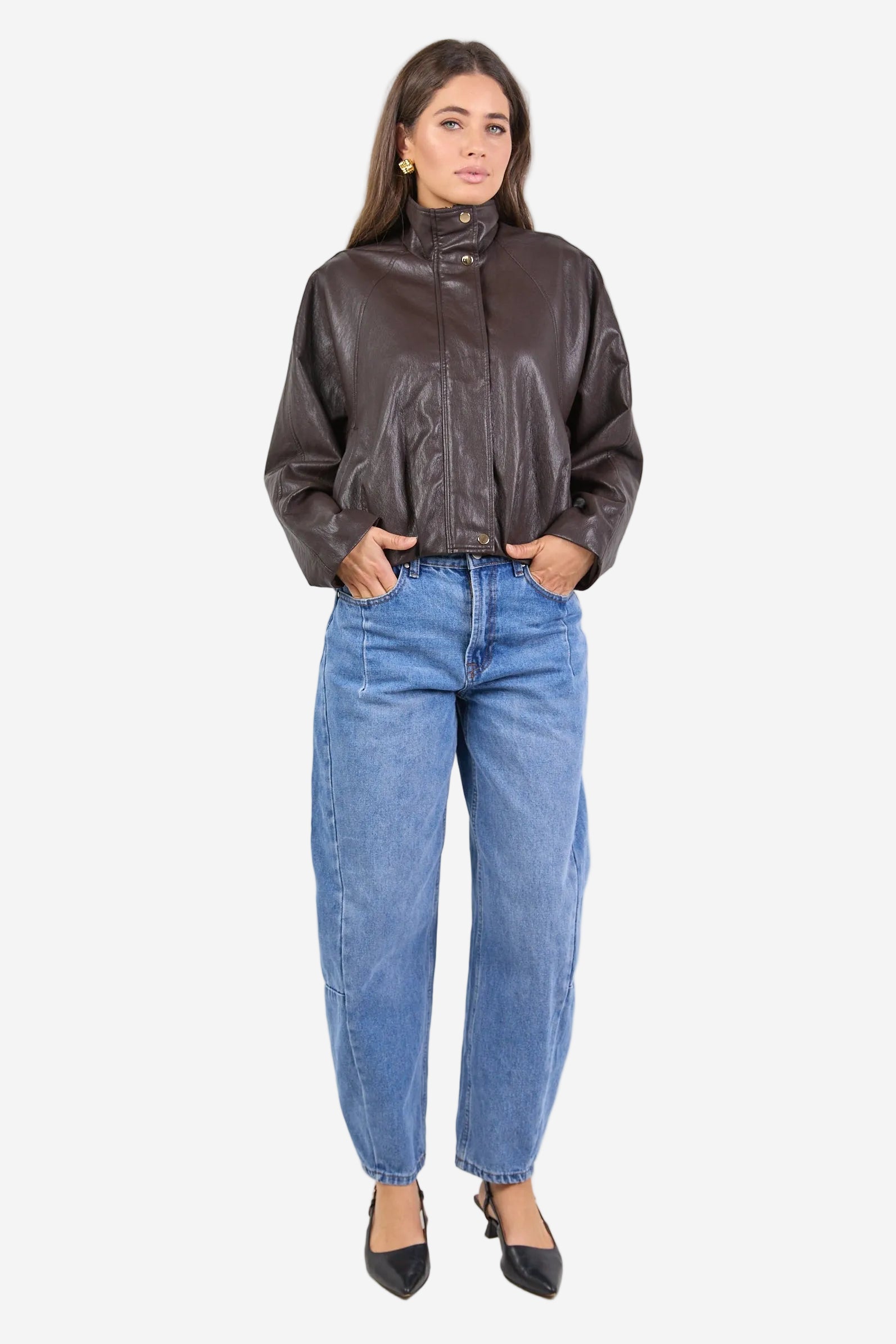 STORIES BE TOLD ENSEMBLE CHOCOLATE FAUX LEATHER ZIP THROUGH JACKET - THE VOGUE STORE