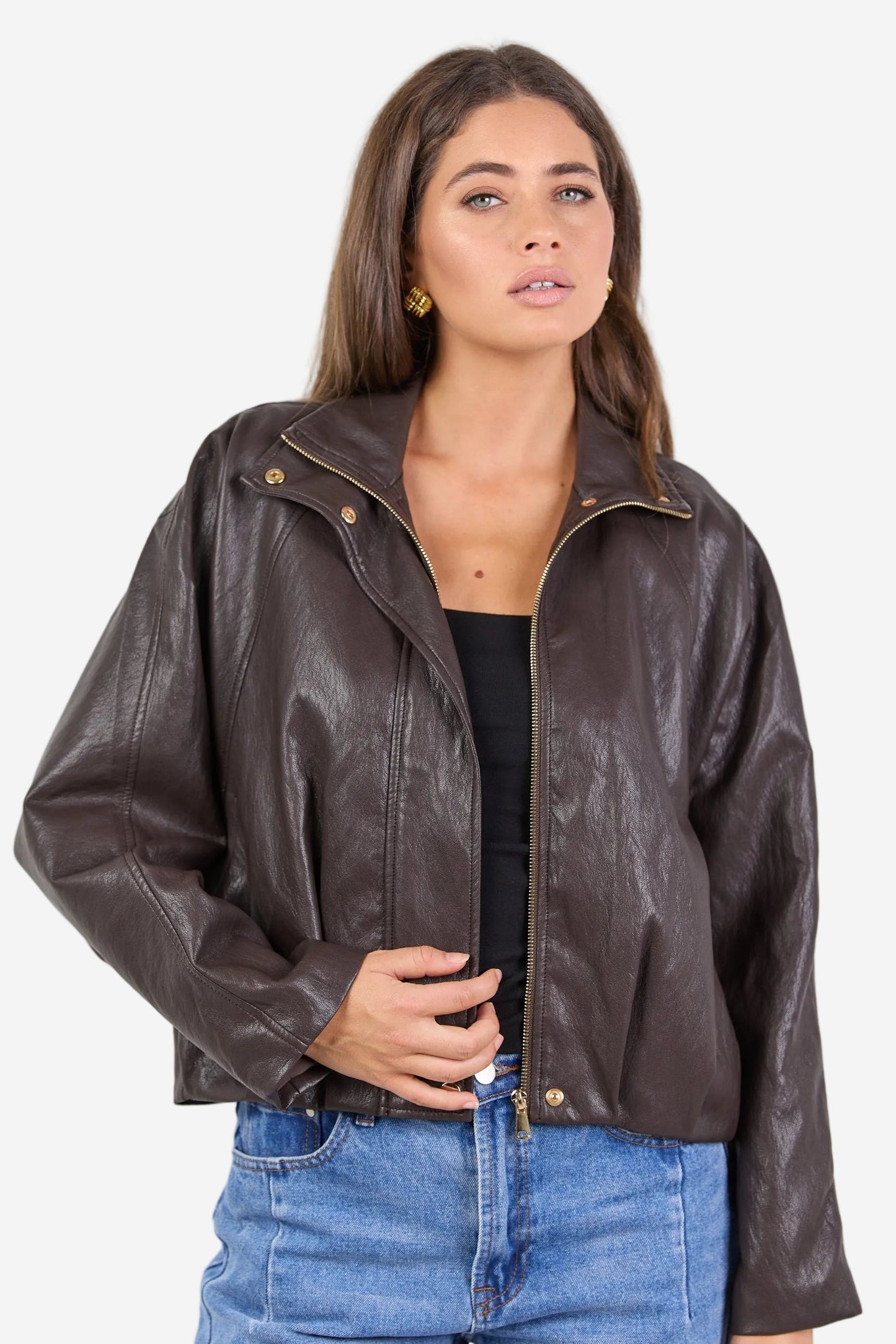 STORIES BE TOLD ENSEMBLE CHOCOLATE FAUX LEATHER ZIP THROUGH JACKET - THE VOGUE STORE