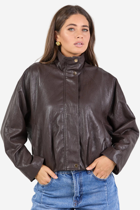 STORIES BE TOLD ENSEMBLE CHOCOLATE FAUX LEATHER ZIP THROUGH JACKET - THE VOGUE STORE