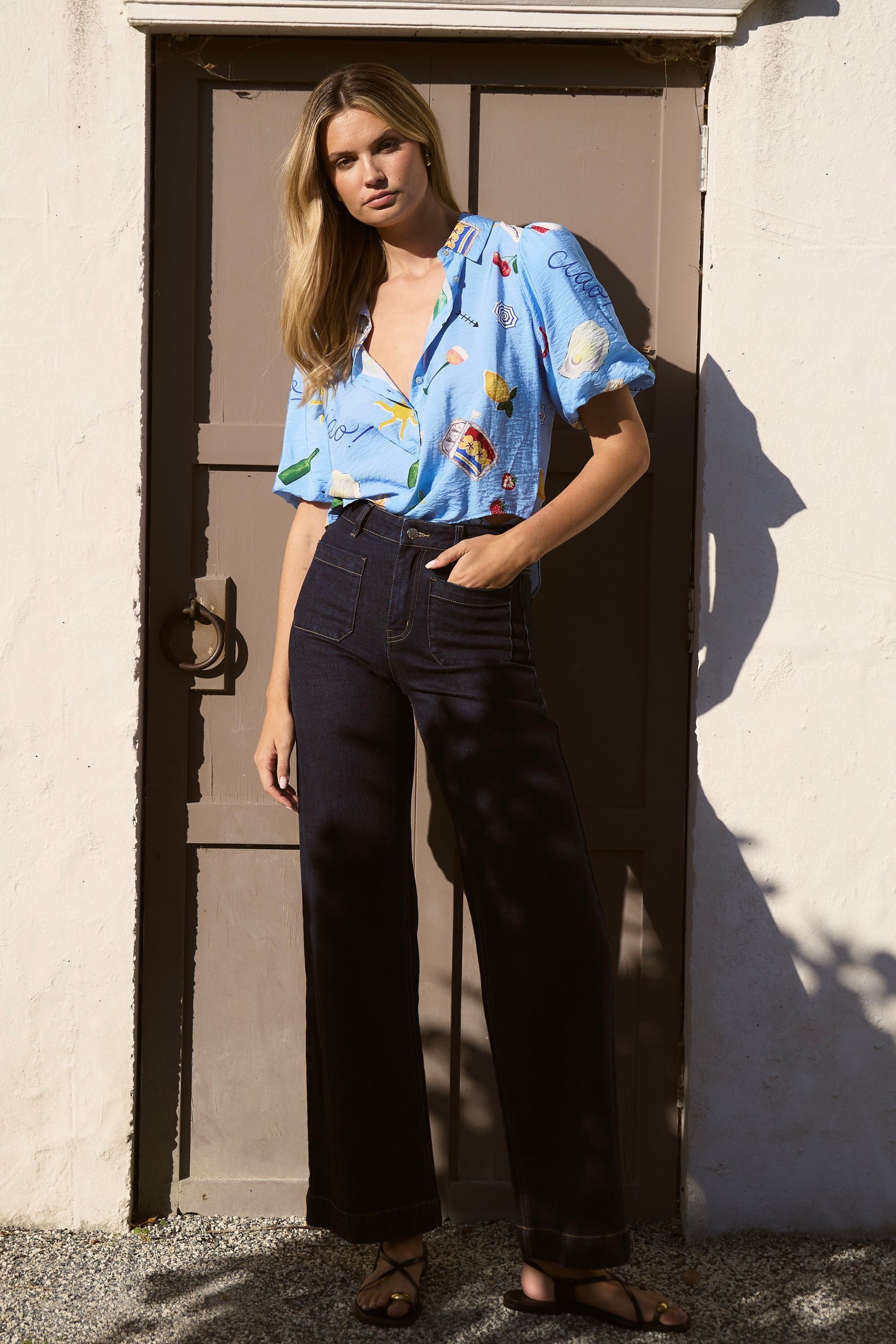 AMONG THE BRAVE EXEMPTION BLUE HOLIDAY TIE FRONT SS SHIRT - THE VOGUE STORE