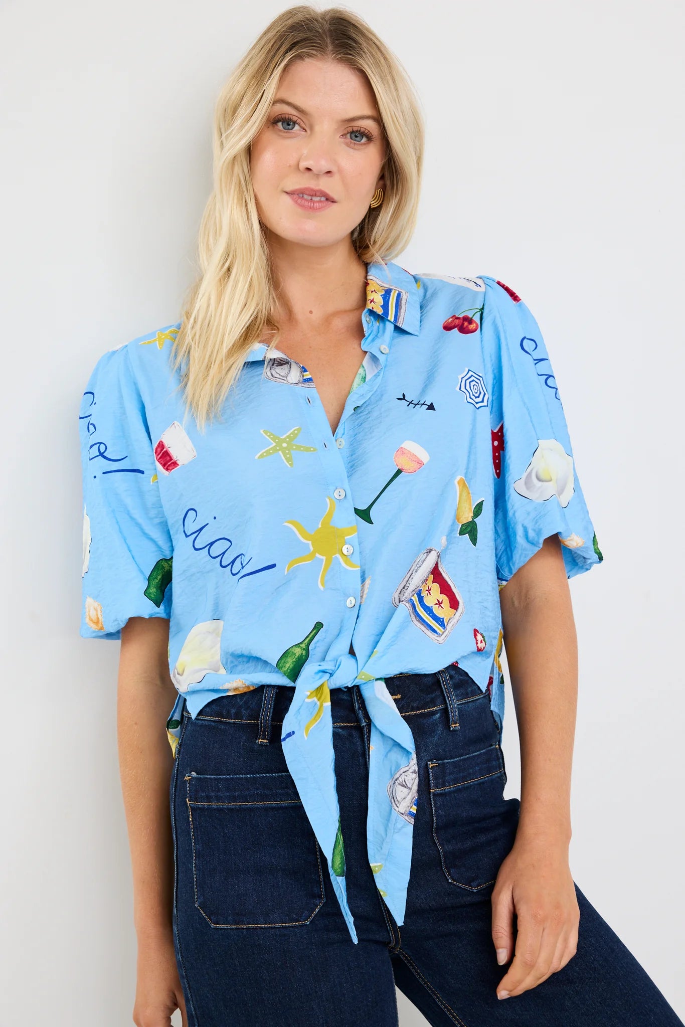 AMONG THE BRAVE EXEMPTION BLUE HOLIDAY TIE FRONT SS SHIRT - THE VOGUE STORE
