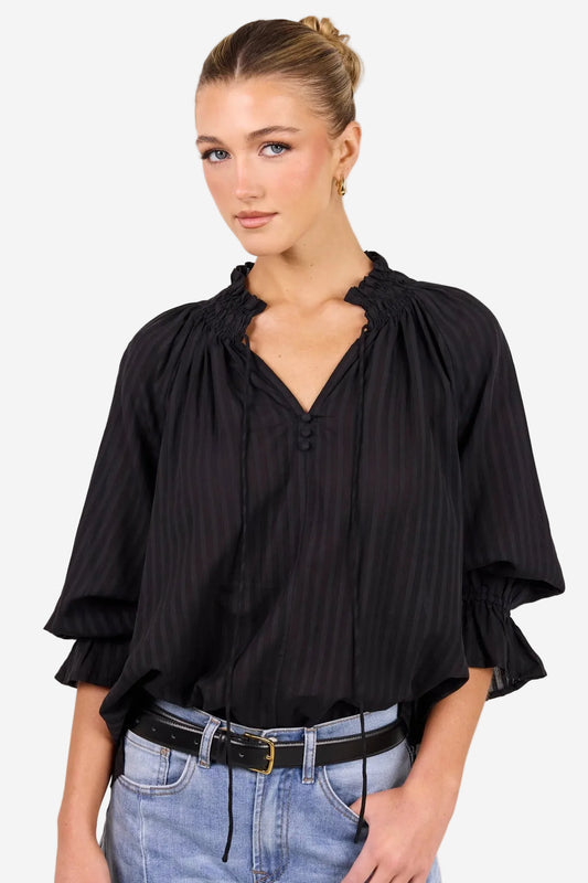 AMONG THE BRAVE EXPEDITION BLACK SELF STRIPE SHIRRED NECK SHORT SLEEVE TOP - THE VOGUE STORE