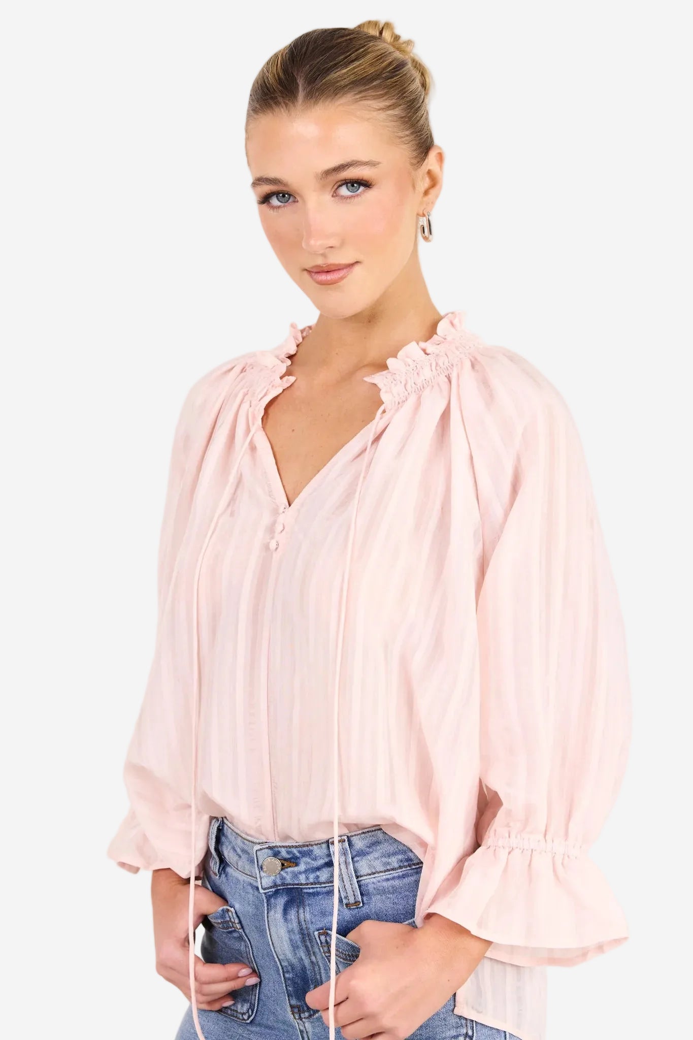 AMONG THE BRAVE EXPEDITION BLUSH SELF STRIPE SHIRRED TOP - THE VOGUE STORE