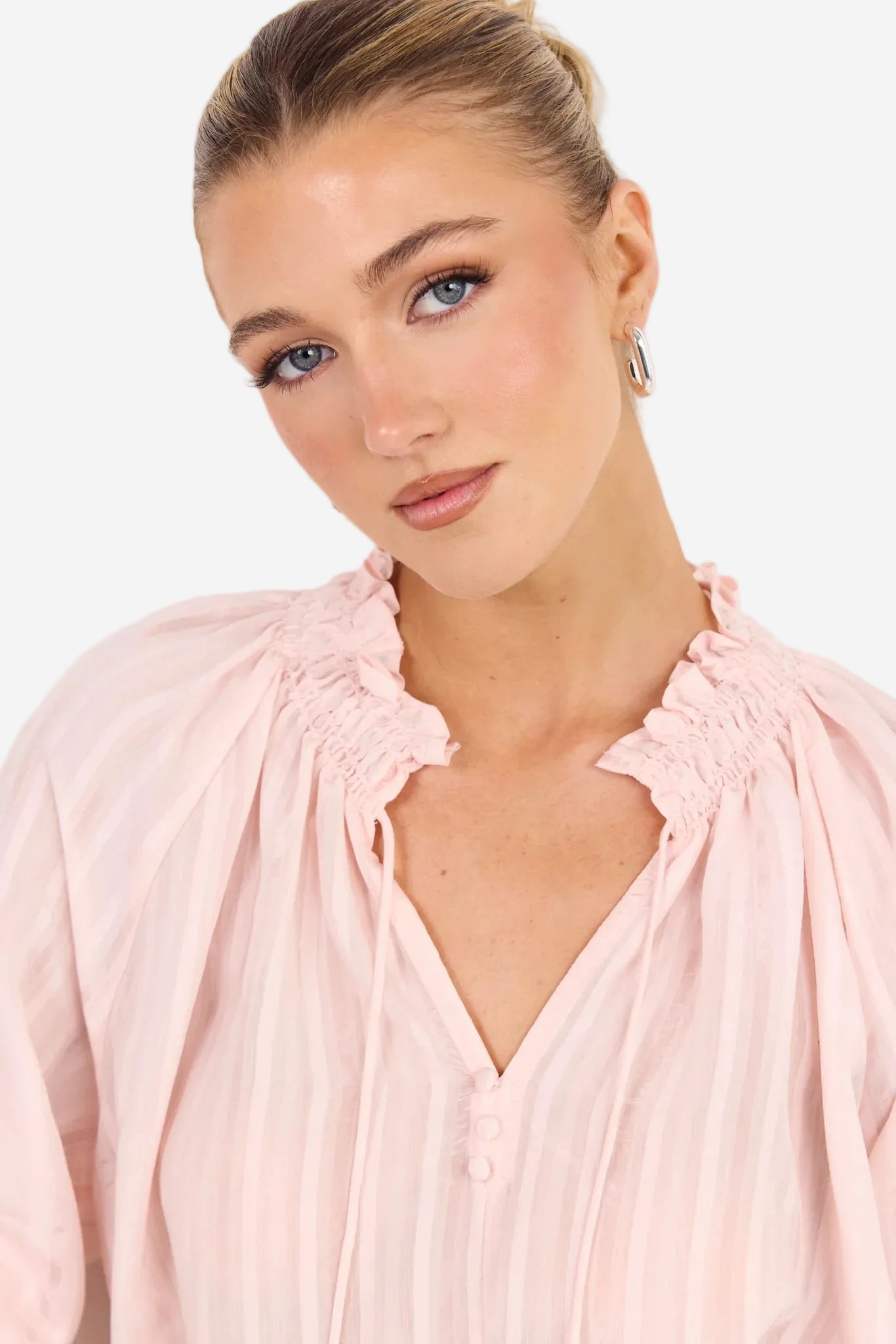 AMONG THE BRAVE EXPEDITION BLUSH SELF STRIPE SHIRRED TOP - THE VOGUE STORE