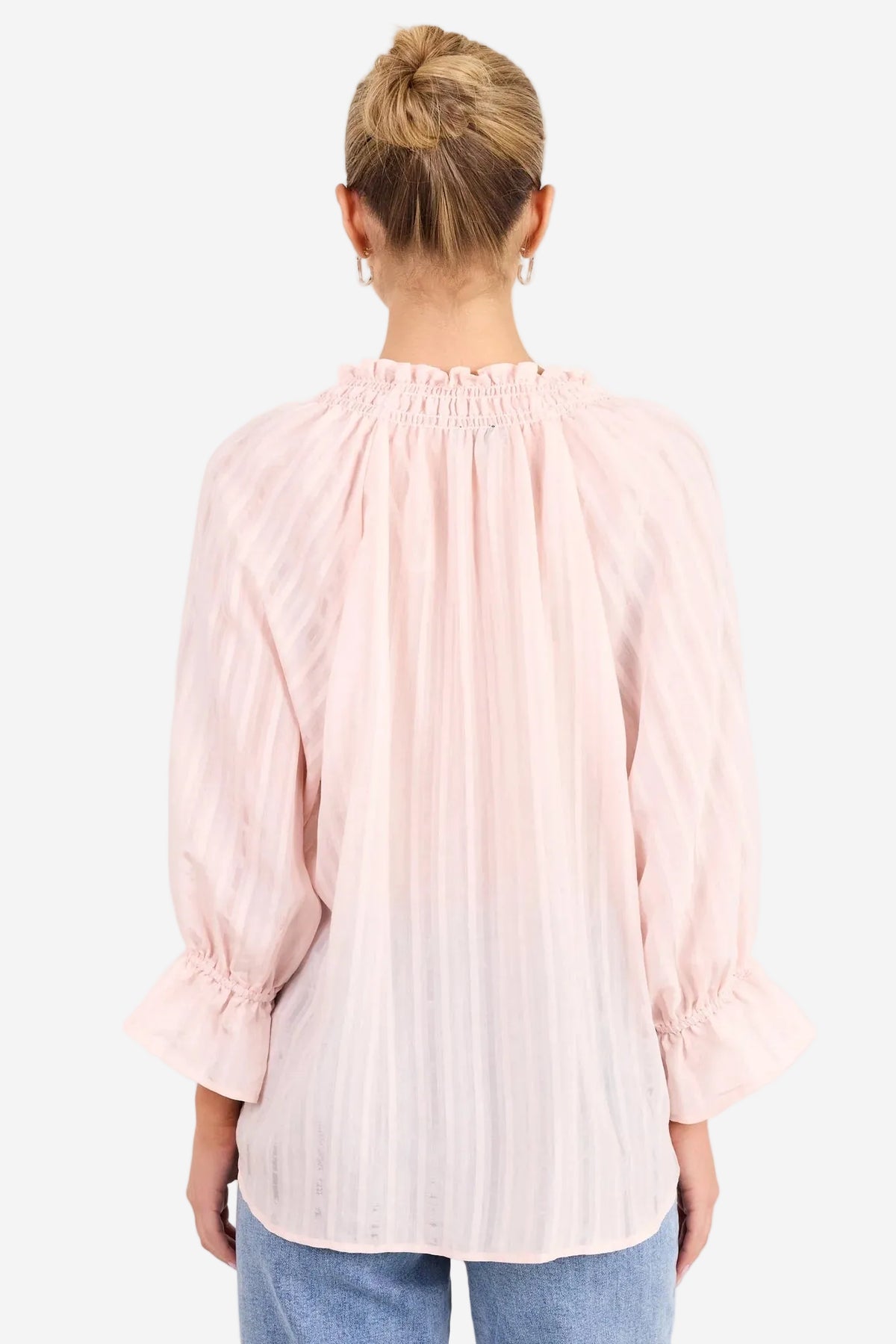 AMONG THE BRAVE EXPEDITION BLUSH SELF STRIPE SHIRRED TOP - THE VOGUE STORE
