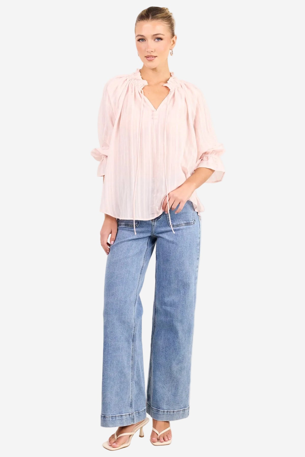 AMONG THE BRAVE EXPEDITION BLUSH SELF STRIPE SHIRRED TOP - THE VOGUE STORE