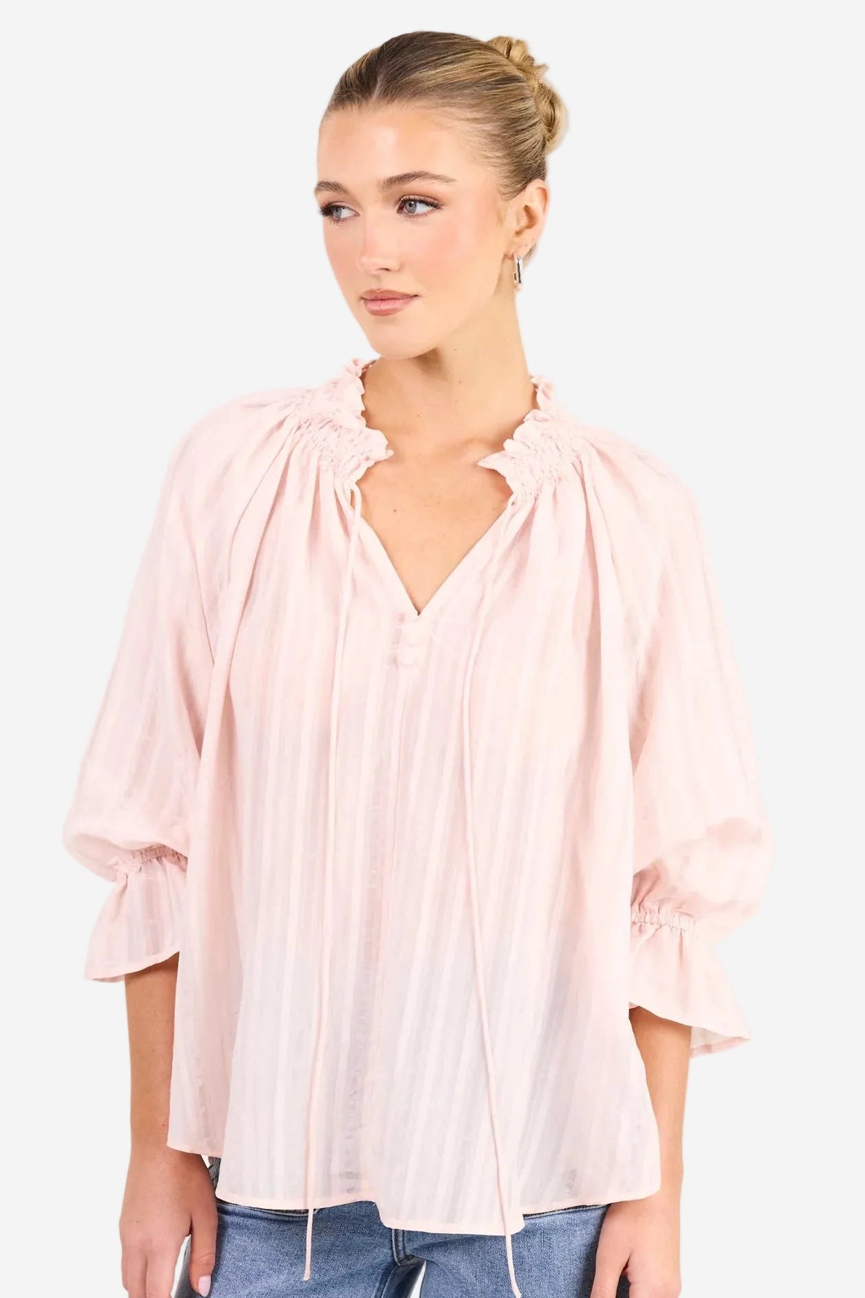 AMONG THE BRAVE EXPEDITION BLUSH SELF STRIPE SHIRRED TOP - THE VOGUE STORE