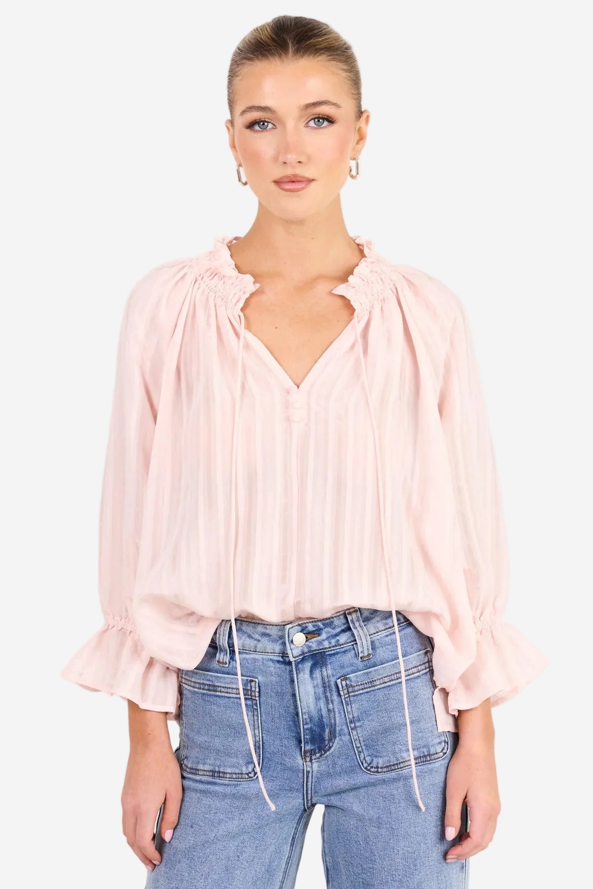 AMONG THE BRAVE EXPEDITION BLUSH SELF STRIPE SHIRRED TOP - THE VOGUE STORE