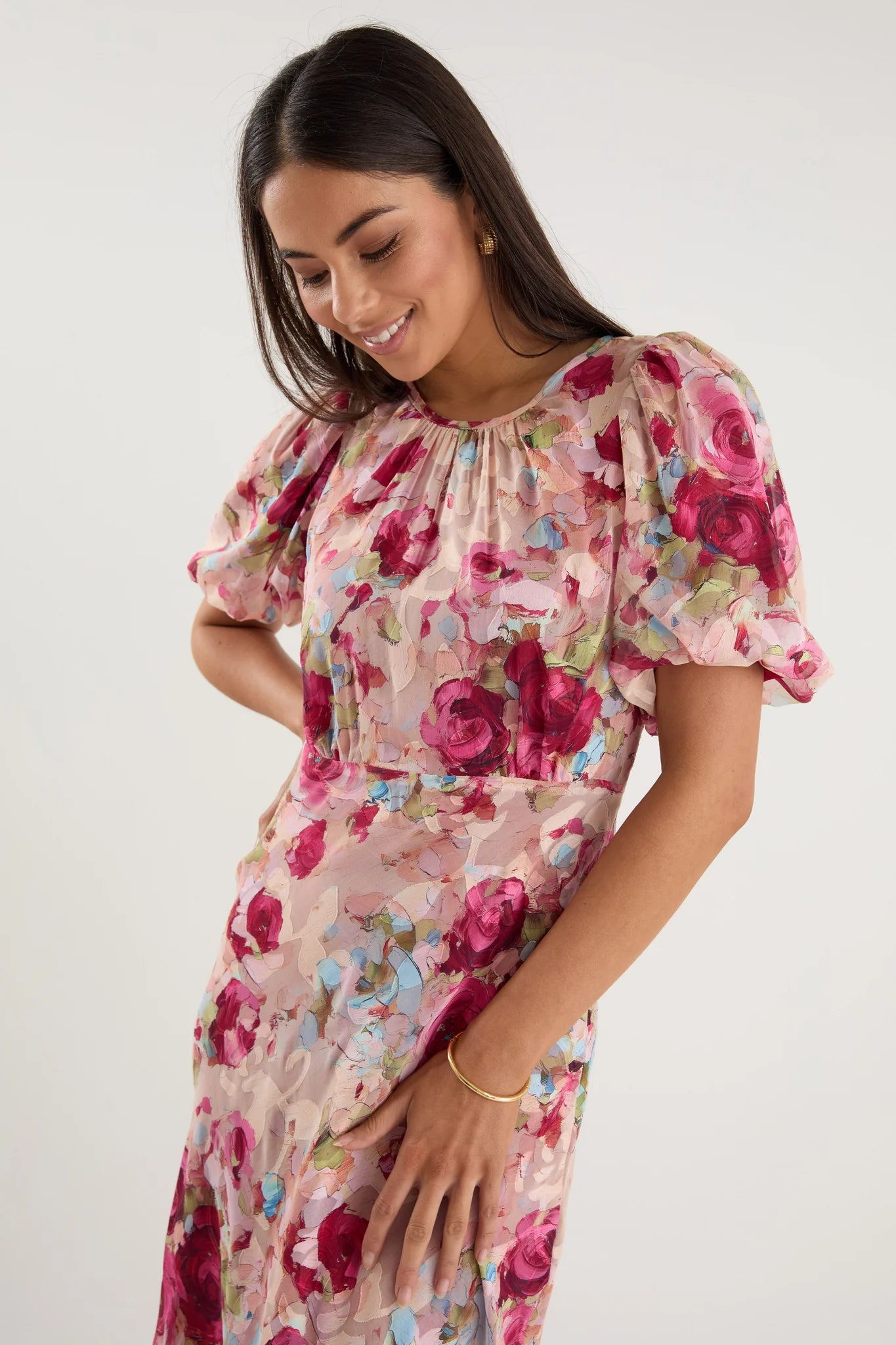 GEORGIA MAE EXQUISITE PAINTED ROSE PUFF SLEEVE MIDI DRESS  - THE VOGUE STORE
