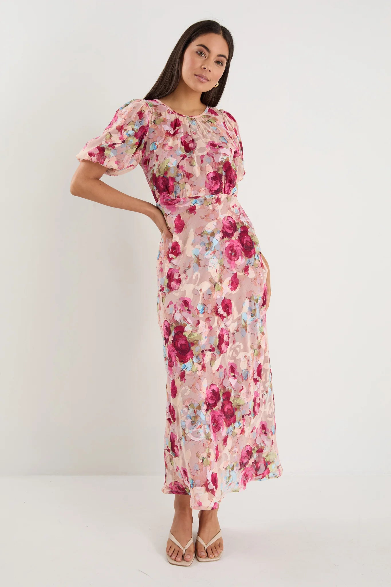 GEORGIA MAE EXQUISITE PAINTED ROSE PUFF SLEEVE MIDI DRESS  - THE VOGUE STORE
