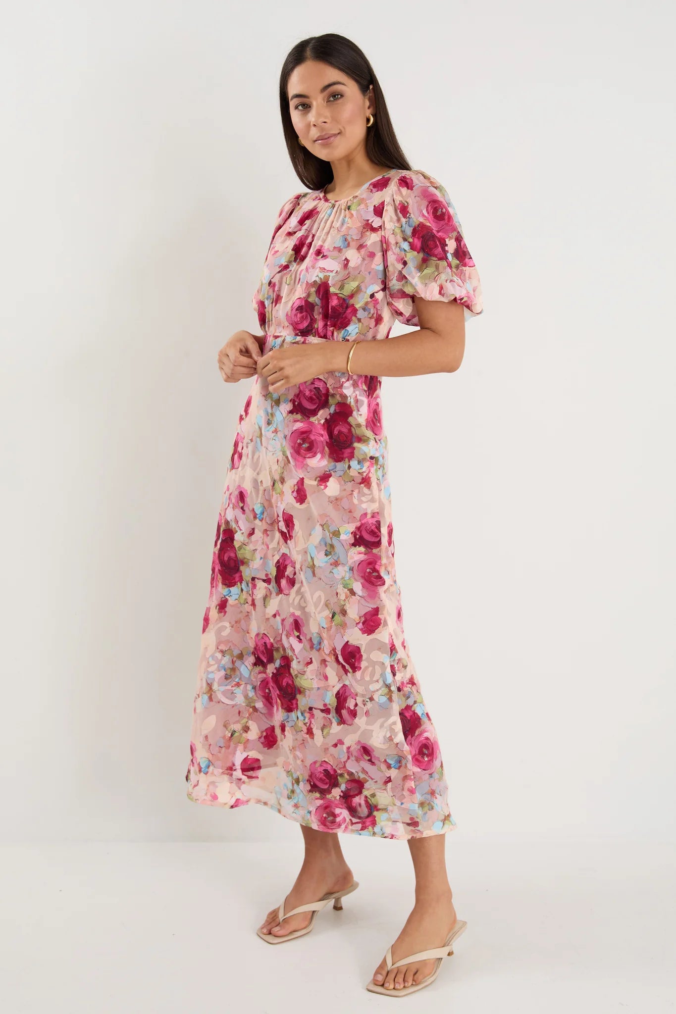 GEORGIA MAE EXQUISITE PAINTED ROSE PUFF SLEEVE MIDI DRESS  - THE VOGUE STORE