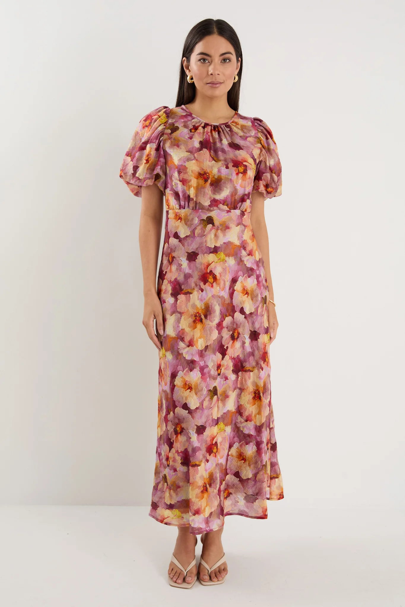 GEORGIA MAE EXQUISITE PINK MULTI FLORAL PUFF SLEEVE MIDI DRESS - THE VOGUE STORE