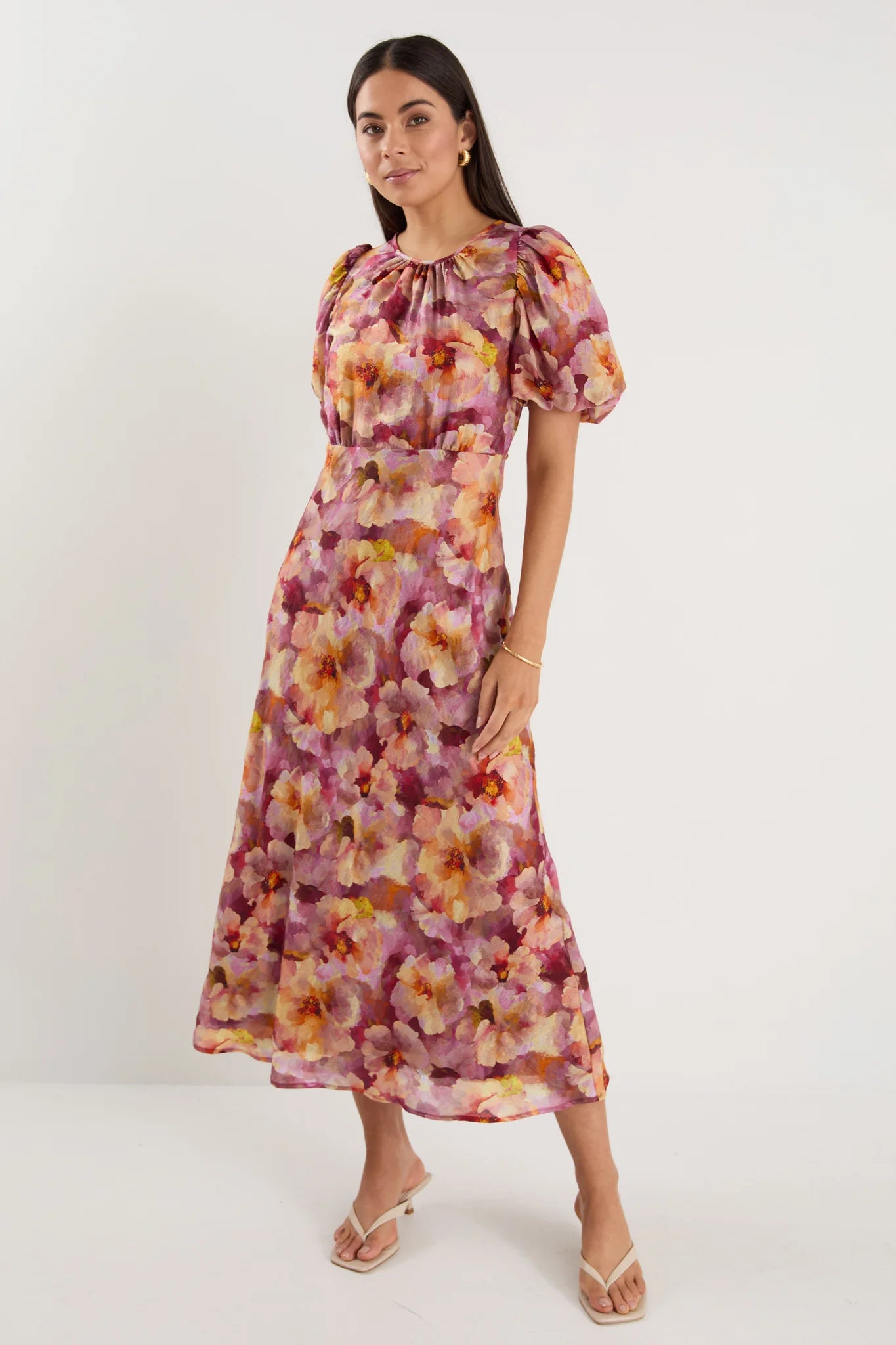 GEORGIA MAE EXQUISITE PINK MULTI FLORAL PUFF SLEEVE MIDI DRESS - THE VOGUE STORE