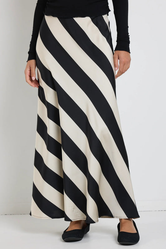 AMONG THE BRAVE FIERY BLACK SAND STRIPE SATIN BIAS MAXI SKIRT - THE VOGUE STORE