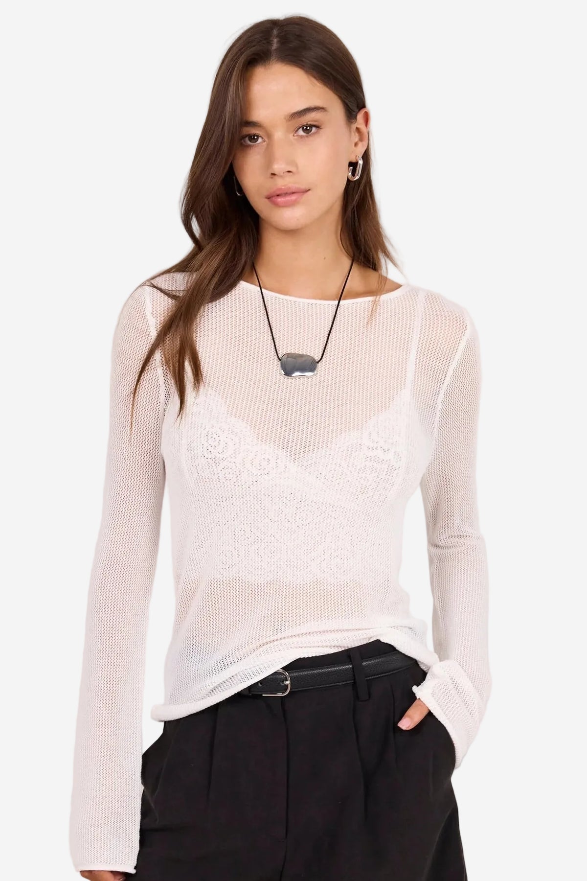 IVY + JACK FILIGREE IVORY MESH LONG SLEEVE KNIT TOP - THE VOGUE STORE