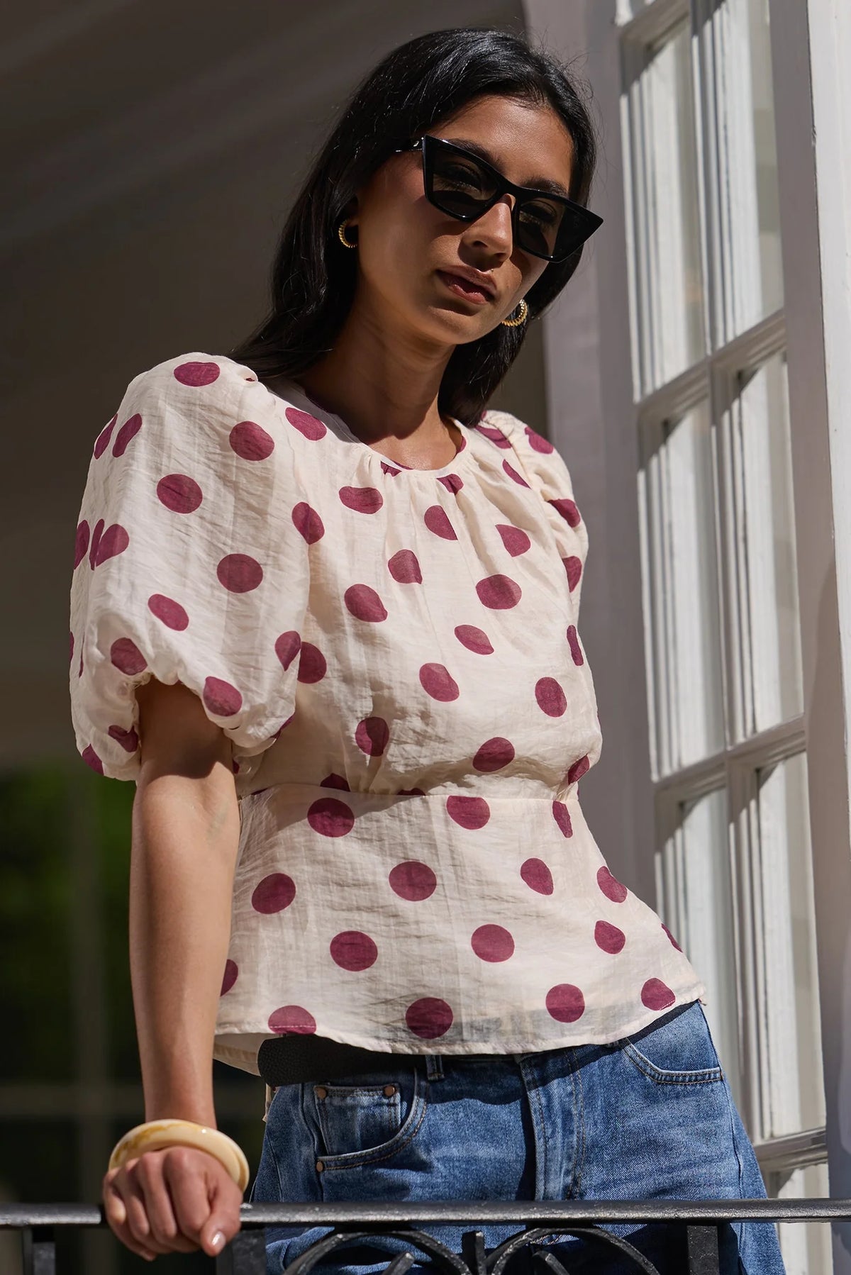 STORIES BE TOLD FINALI CREAM WINE POLKA DOT PUFF SHORT SLEEVE TOP - THE VOGUE STORE