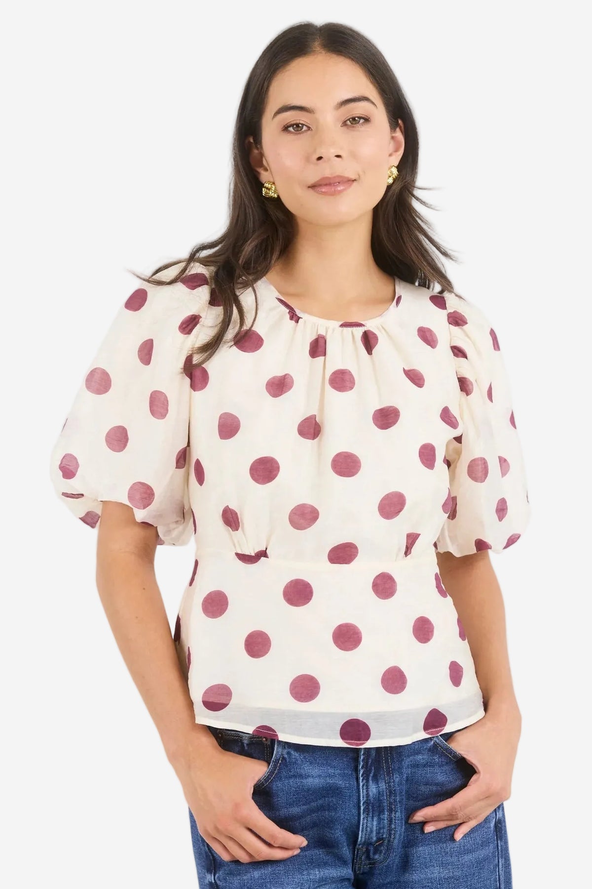 STORIES BE TOLD FINALI CREAM WINE POLKA DOT PUFF SHORT SLEEVE TOP - THE VOGUE STORE