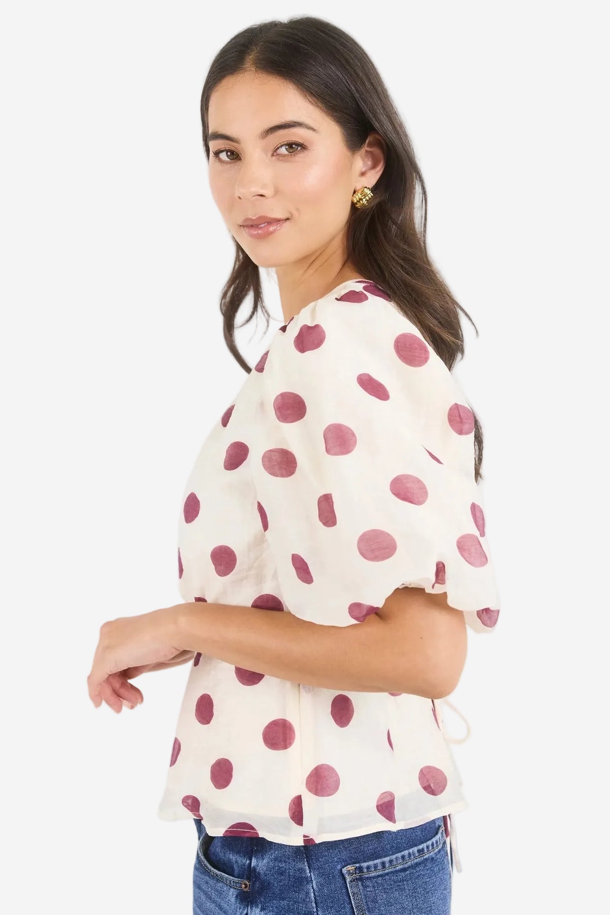 STORIES BE TOLD FINALI CREAM WINE POLKA DOT PUFF SHORT SLEEVE TOP - THE VOGUE STORE