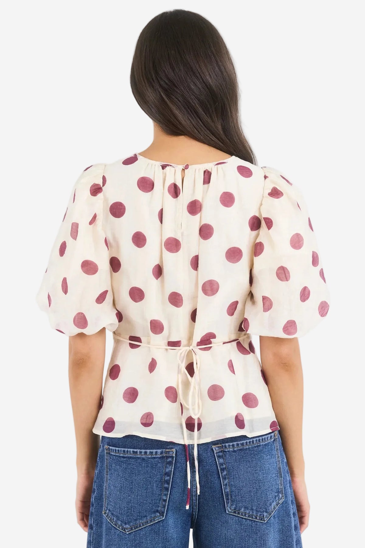 STORIES BE TOLD FINALI CREAM WINE POLKA DOT PUFF SHORT SLEEVE TOP - THE VOGUE STORE