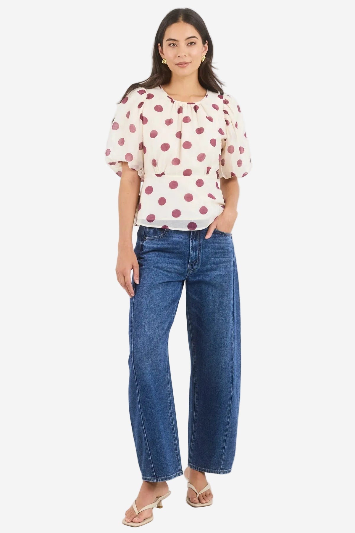 STORIES BE TOLD FINALI CREAM WINE POLKA DOT PUFF SHORT SLEEVE TOP - THE VOGUE STORE