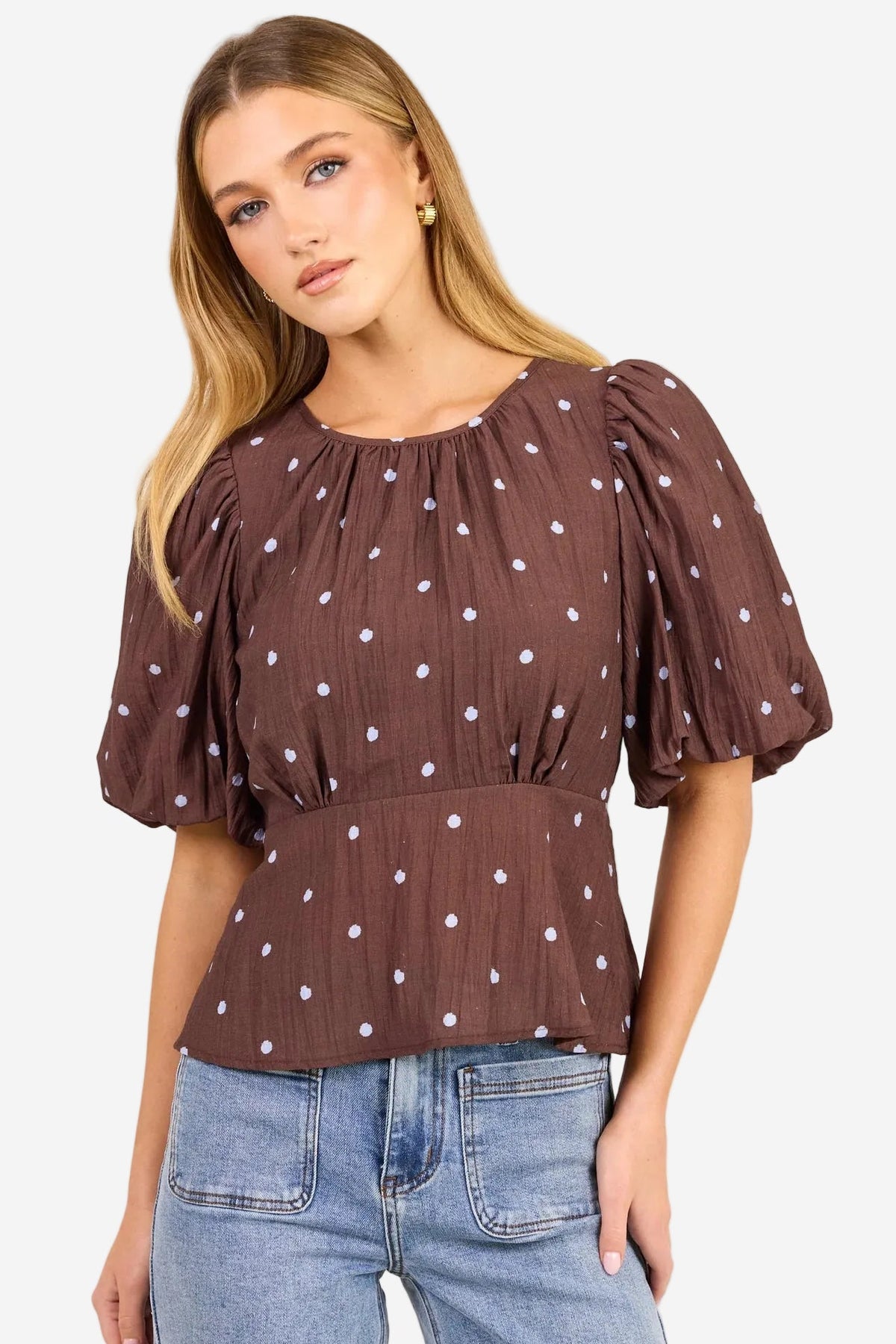 STORIES BE TOLD FINALI MOCHA BLUE POLKA DOT SHORT BUBBLE SLEEVE TOP - THE VOGUE STORE