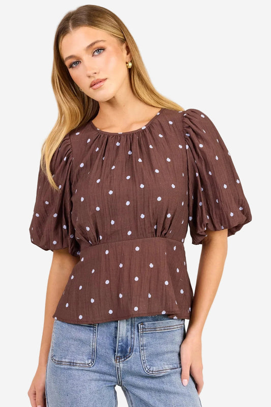 STORIES BE TOLD FINALI MOCHA BLUE POLKA DOT SHORT BUBBLE SLEEVE TOP - THE VOGUE STORE