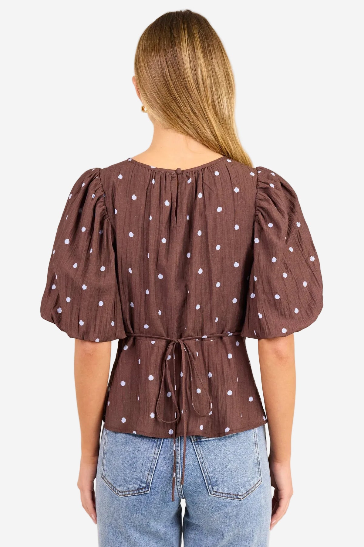 STORIES BE TOLD FINALI MOCHA BLUE POLKA DOT SHORT BUBBLE SLEEVE TOP - THE VOGUE STORE