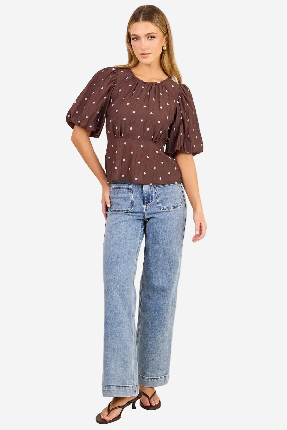 STORIES BE TOLD FINALI MOCHA BLUE POLKA DOT SHORT BUBBLE SLEEVE TOP - THE VOGUE STORE