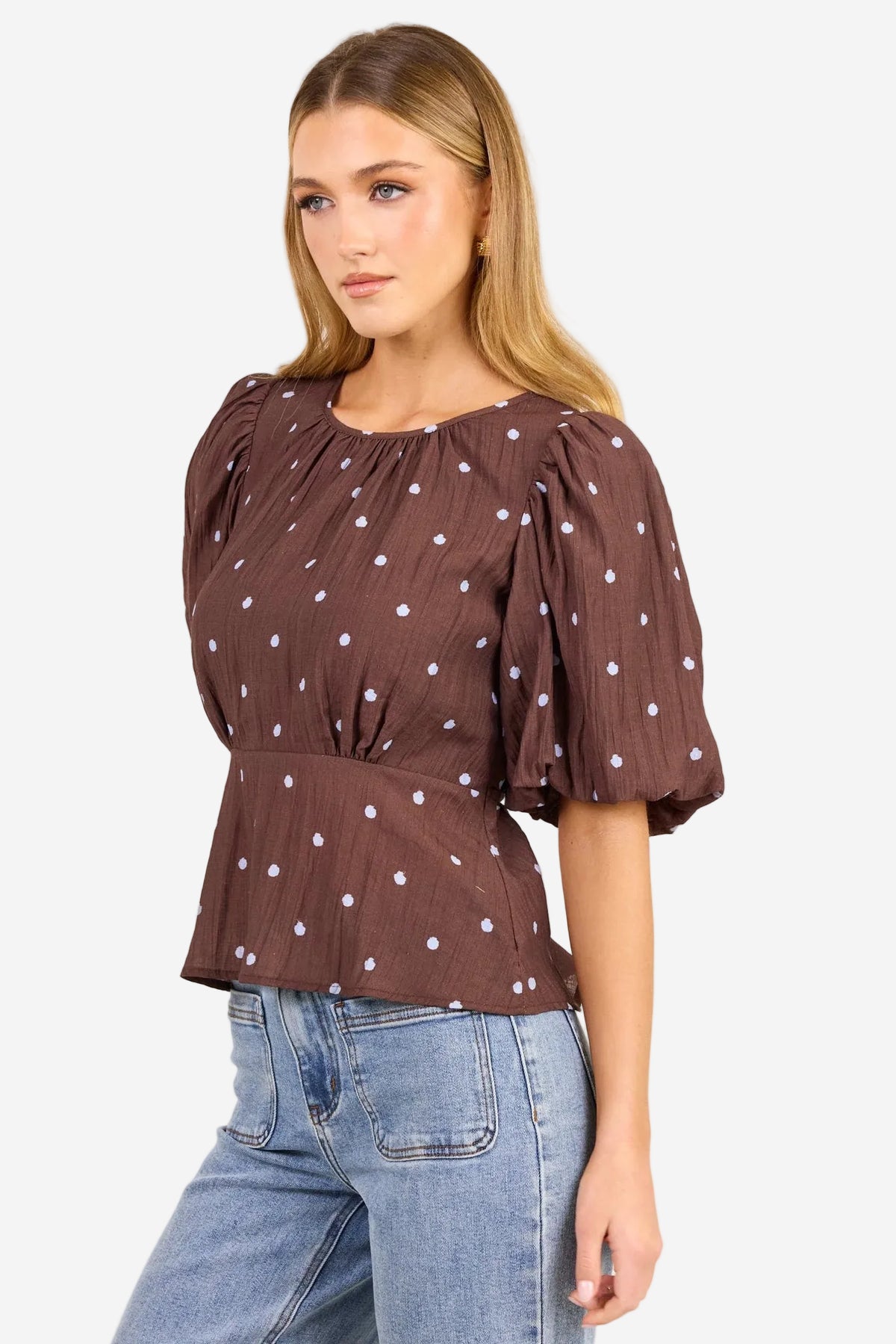 STORIES BE TOLD FINALI MOCHA BLUE POLKA DOT SHORT BUBBLE SLEEVE TOP - THE VOGUE STORE