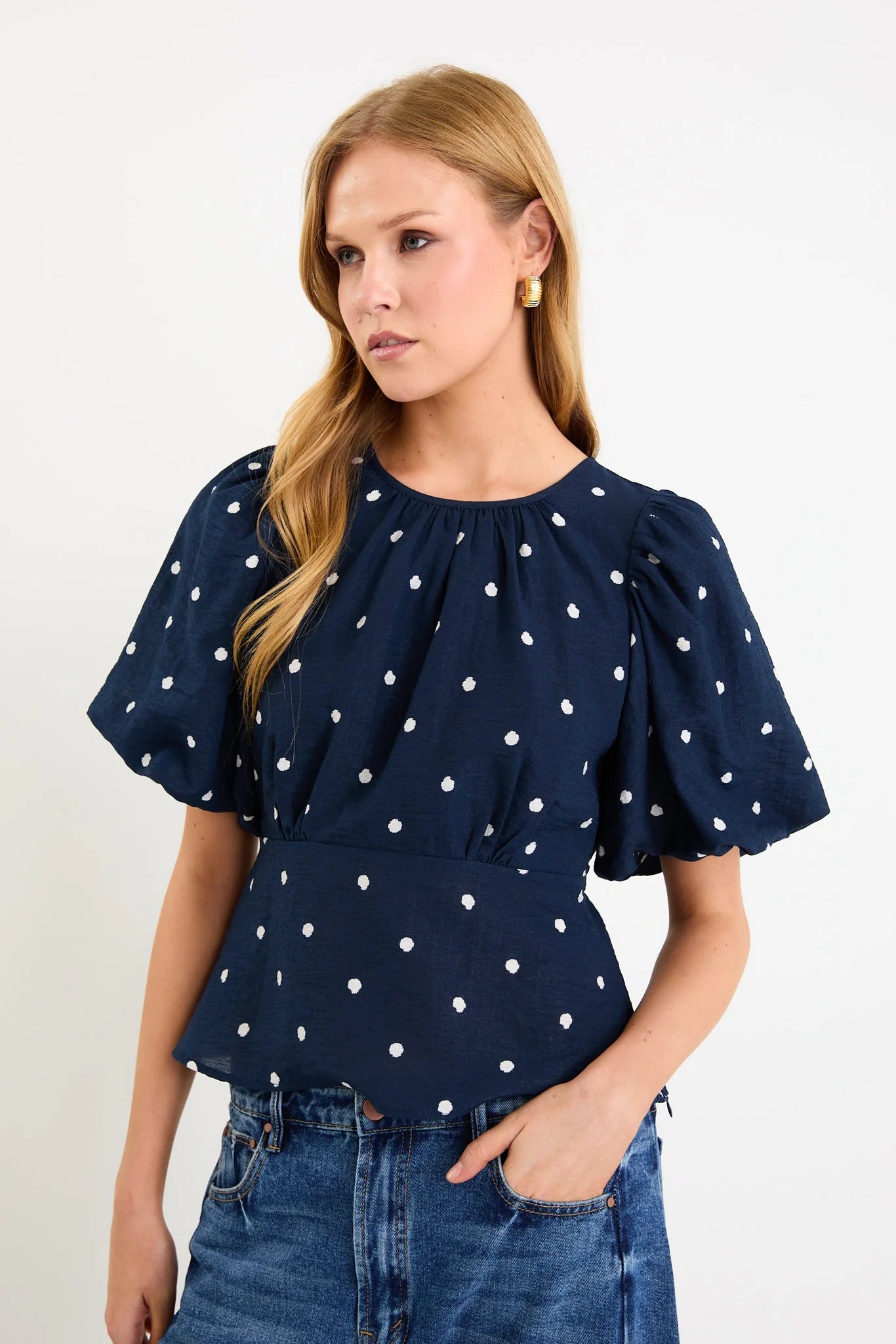 STORIES BE TOLD FINALI NAVY POLKA DOT BUBBLE SLEEVE TOP - THE VOGUE STORE