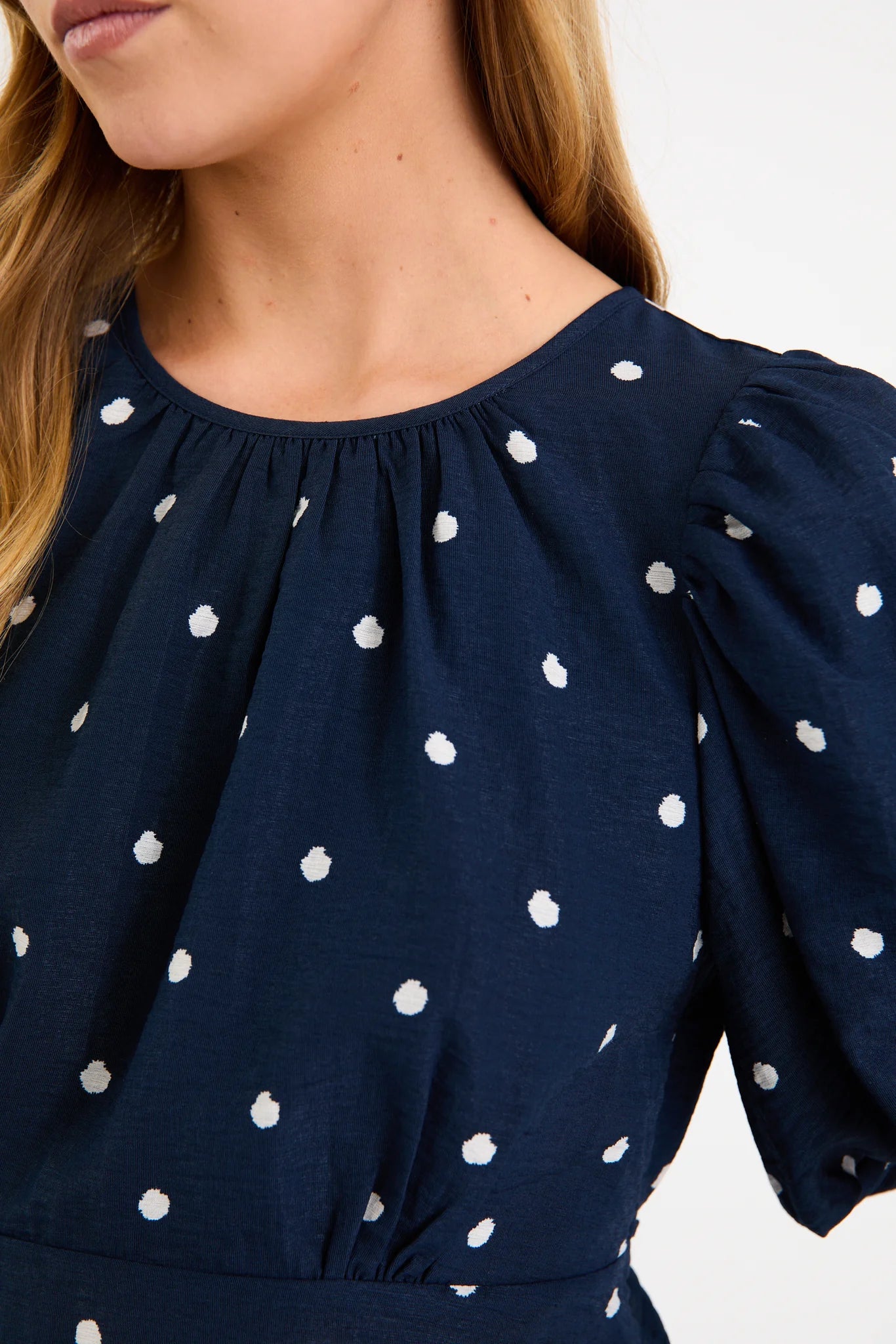 STORIES BE TOLD FINALI NAVY POLKA DOT BUBBLE SLEEVE TOP - THE VOGUE STORE