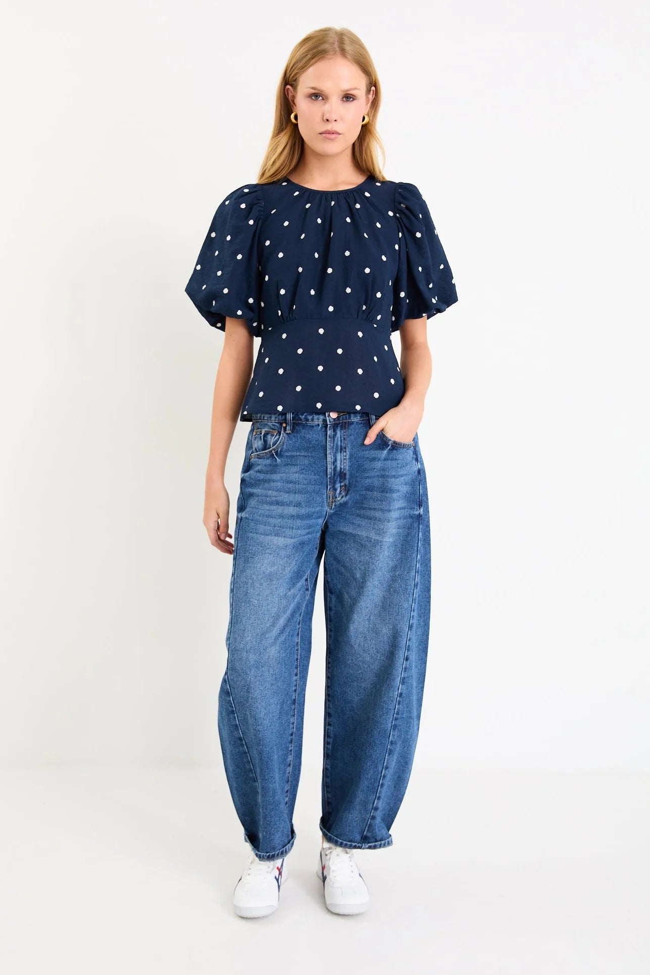 STORIES BE TOLD FINALI NAVY POLKA DOT BUBBLE SLEEVE TOP - THE VOGUE STORE