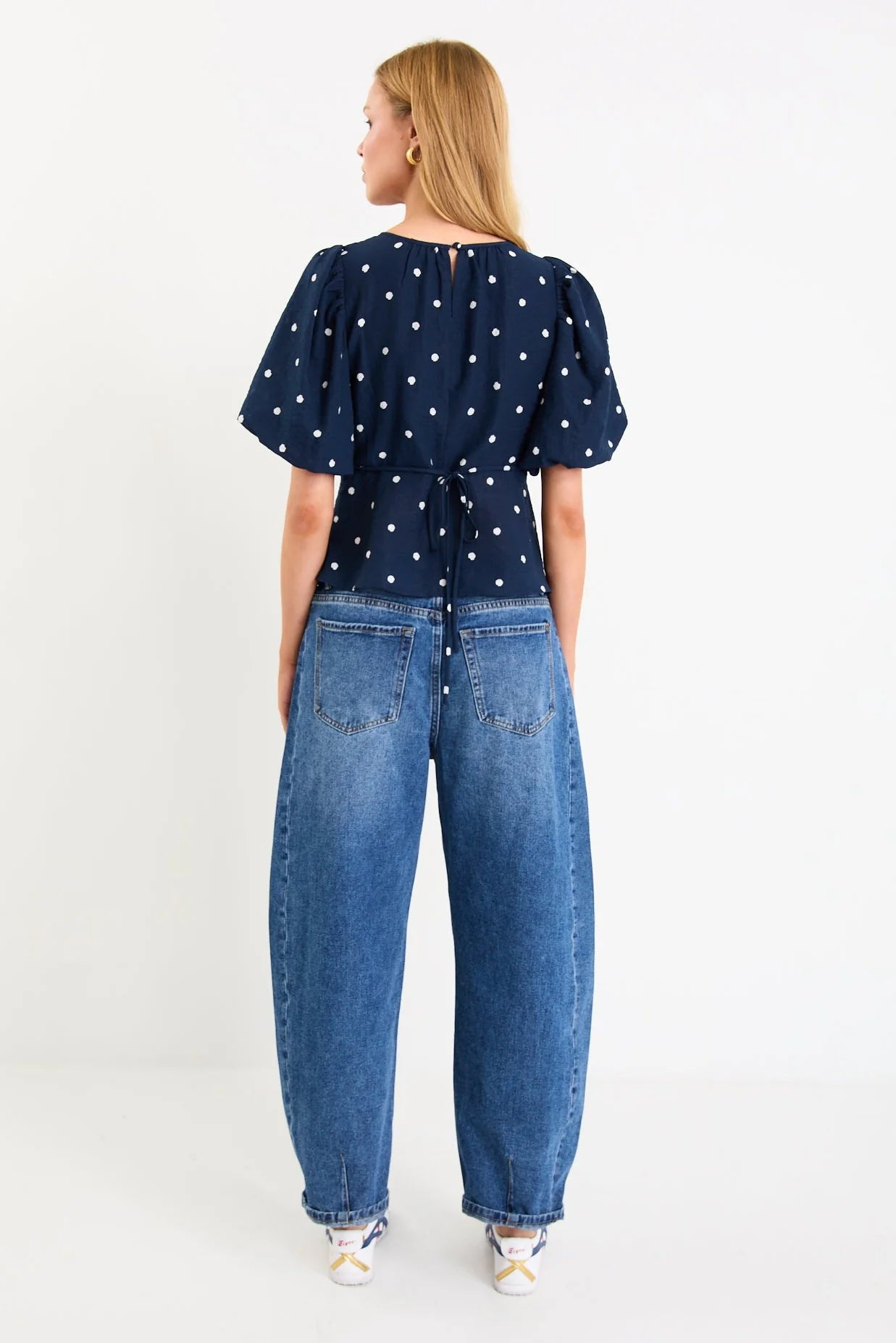 STORIES BE TOLD FINALI NAVY POLKA DOT BUBBLE SLEEVE TOP - THE VOGUE STORE