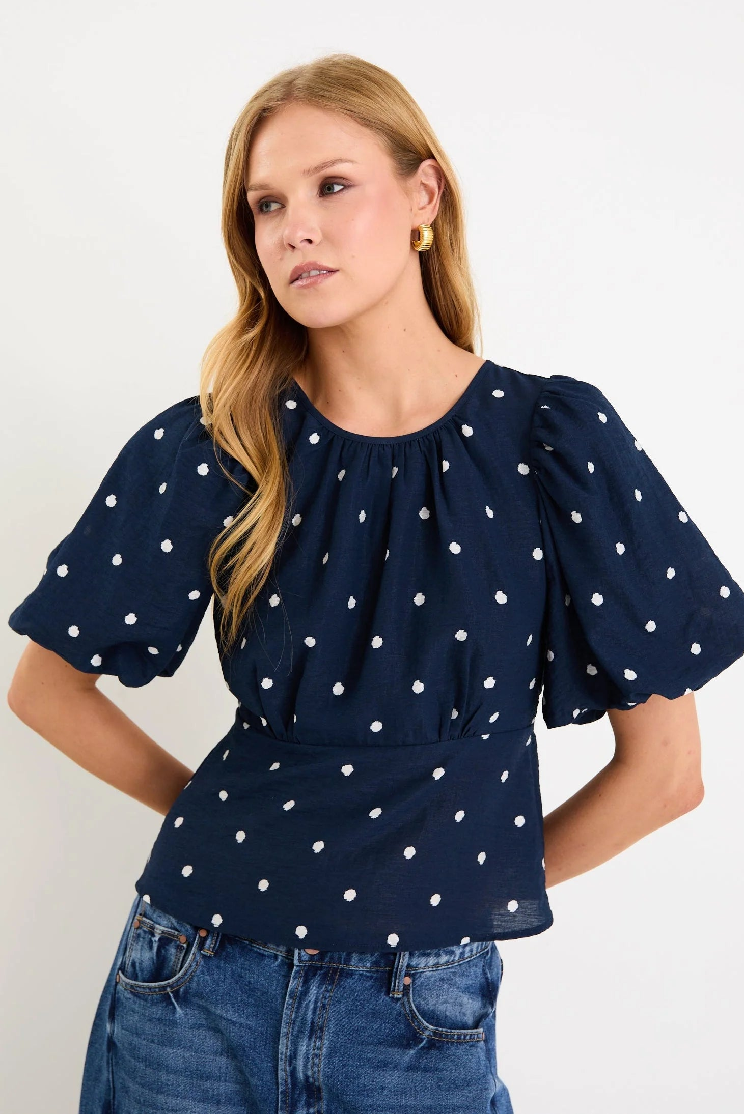 STORIES BE TOLD FINALI NAVY POLKA DOT BUBBLE SLEEVE TOP - THE VOGUE STORE