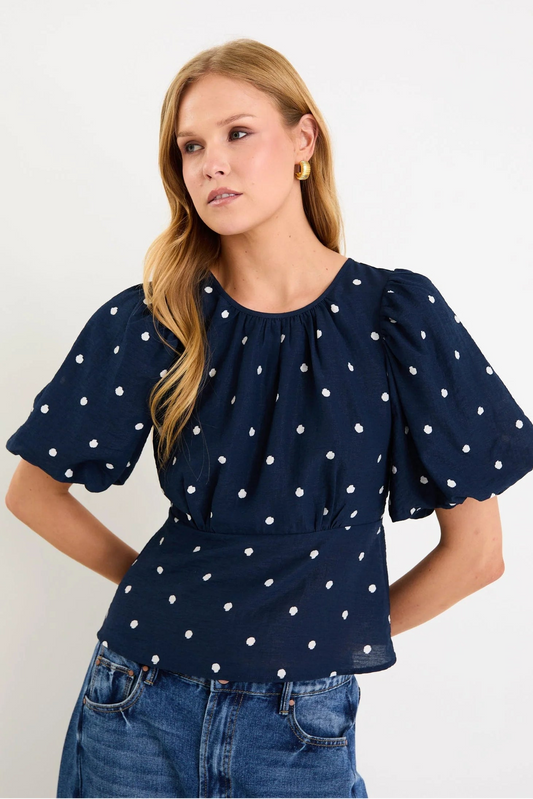 STORIES BE TOLD FINALI NAVY POLKA DOT BUBBLE SLEEVE TOP - THE VOGUE STORE