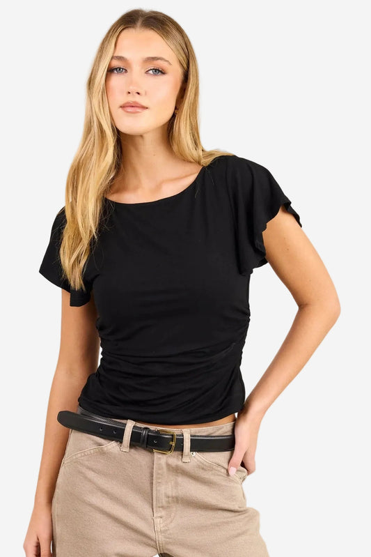 STORIES BE TOLD BLACK FLITTER GATHERED WAIST DETAIL SHORT SLEEVE TOP - THE VOGUE STORE