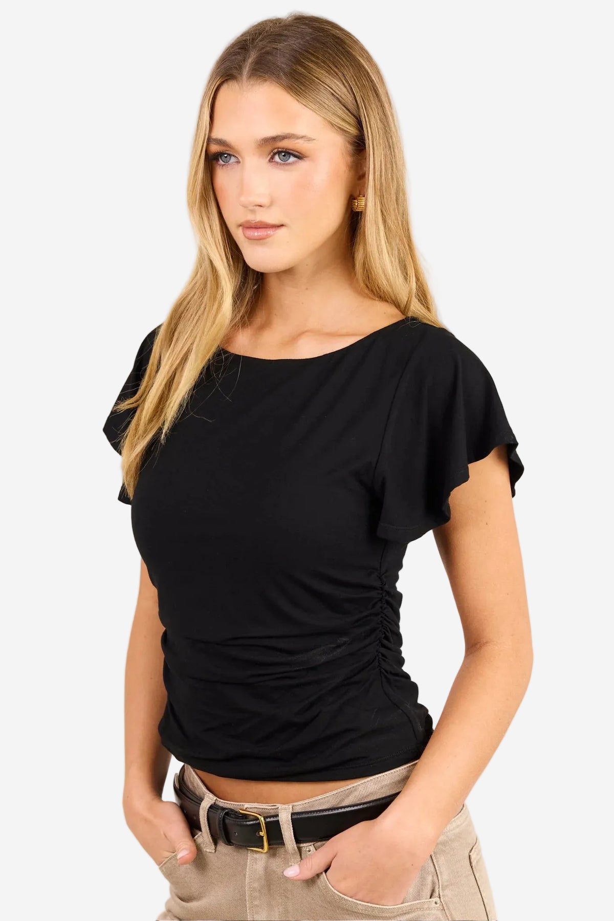 STORIES BE TOLD BLACK FLITTER GATHERED WAIST DETAIL SHORT SLEEVE TOP - THE VOGUE STORE