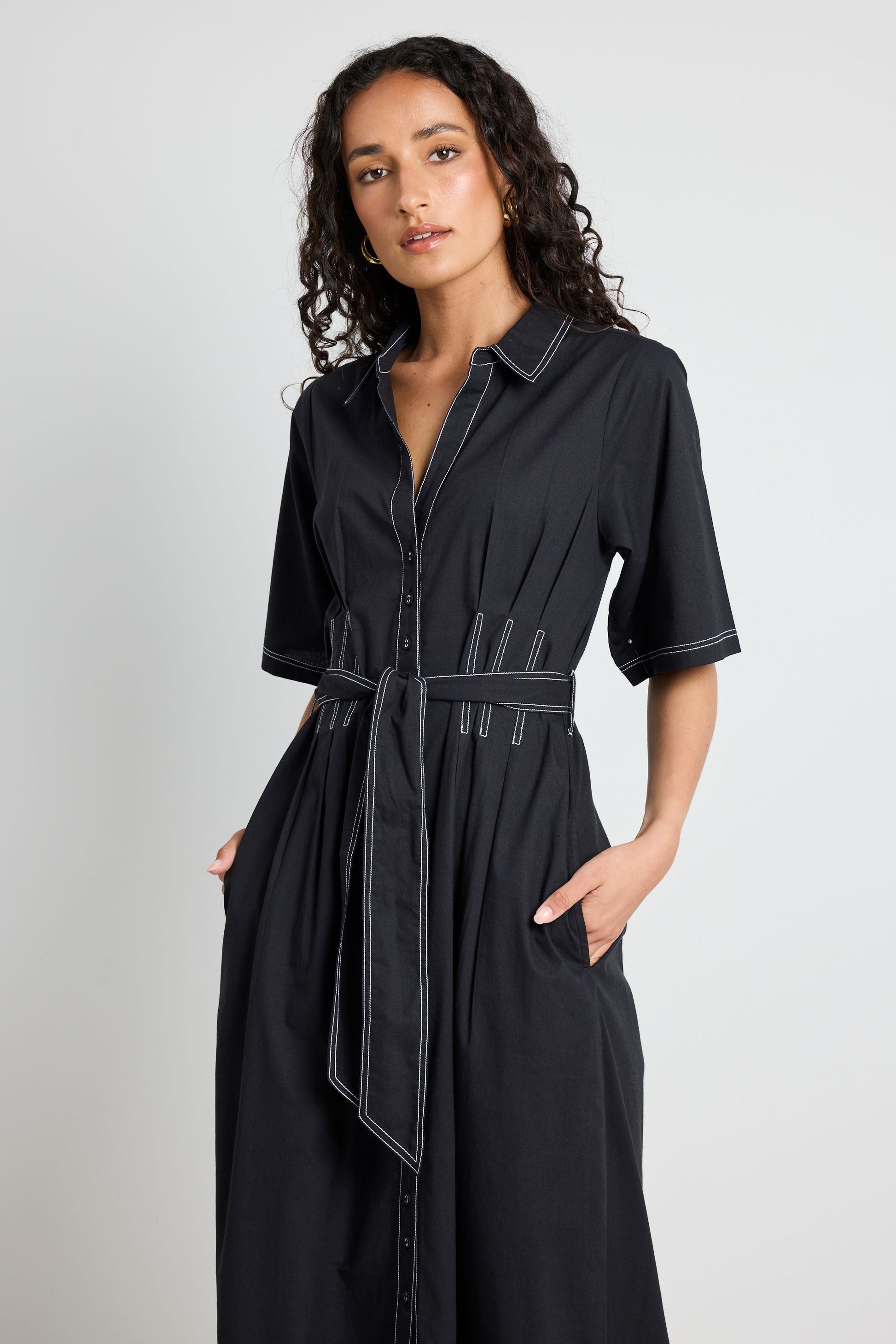 AMONG THE BRAVE SERVICE BLACK COTTON SHORT SLEEVE MIDI SHIRT DRESS - THE VOGUE STORE