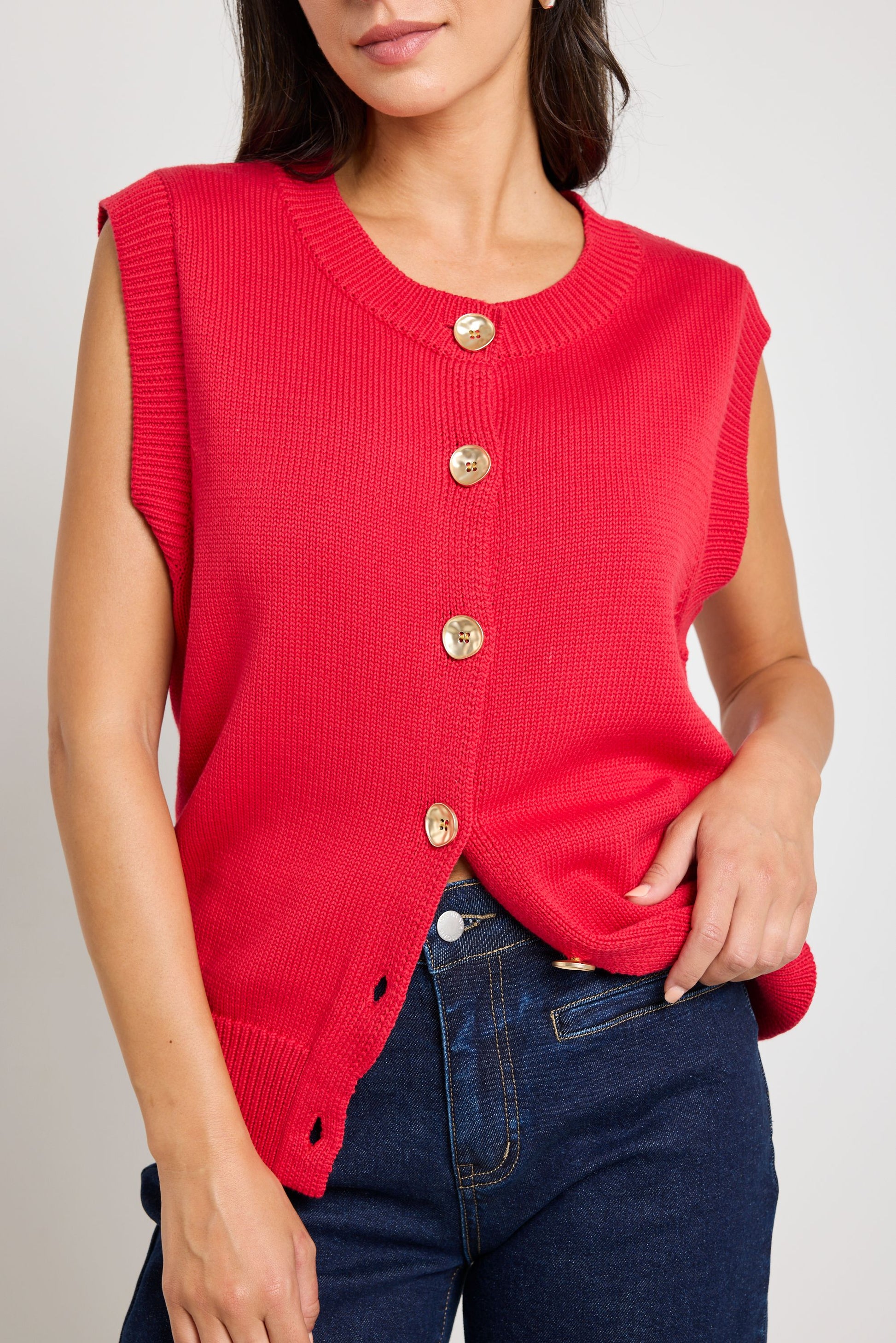 STORIES TO BE TOLD TRAIT CHERRY CREW NECK KNITTED VEST TOP - THE VOGUE STORE