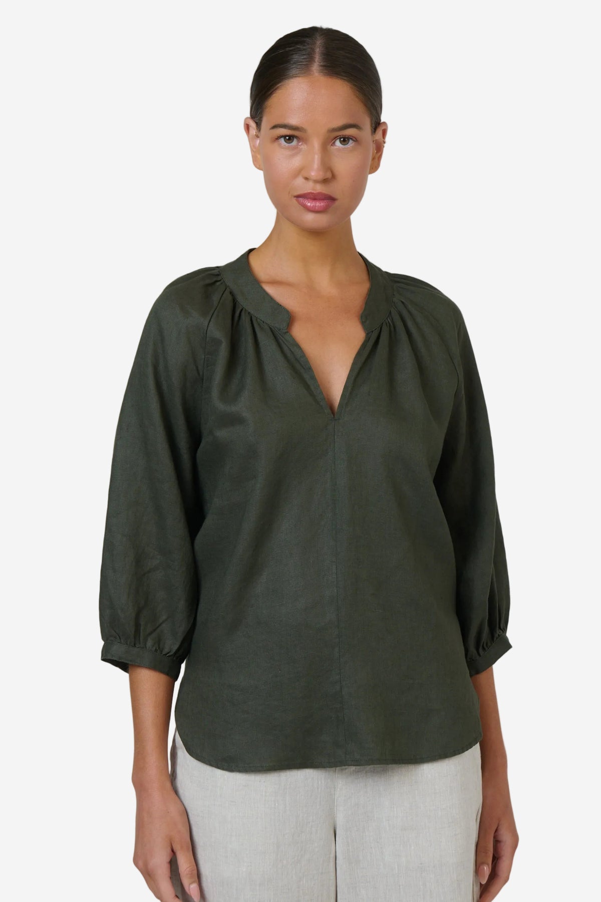 NATURALS BY O&J 3/4 SLEEVE LINEN TOP - TOPIARY - THE VOGUE STORE