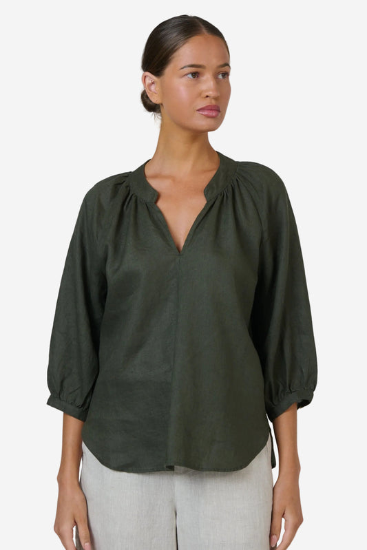 NATURALS BY O&J 3/4 SLEEVE LINEN TOP - TOPIARY - THE VOGUE STORE
