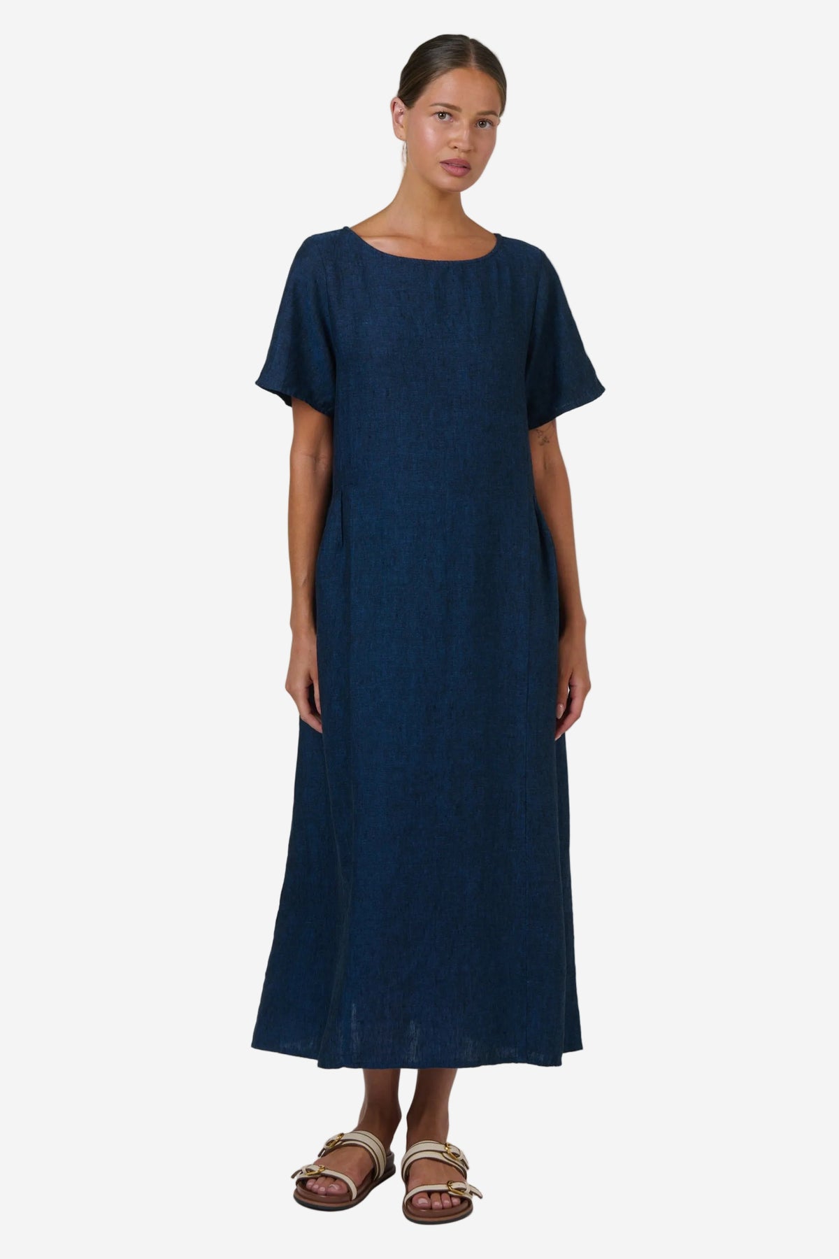 NATURALS BY O&J SHORT SLEEVE LINEN DRESS - ECLIPSE - THE VOGUE STORE