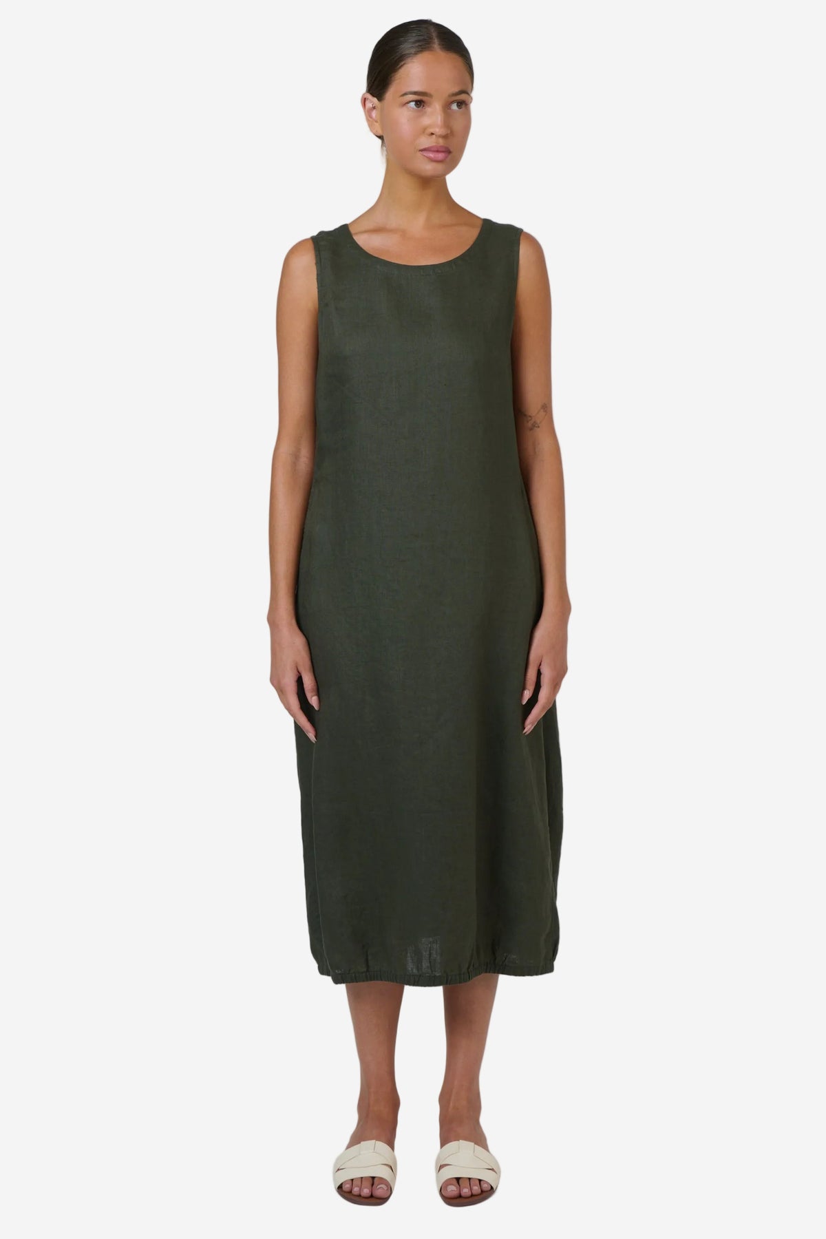 NATURALS BY O&J SLEEVELESS LINEN DRESS - TOPIARY - THE VOGUE STORE