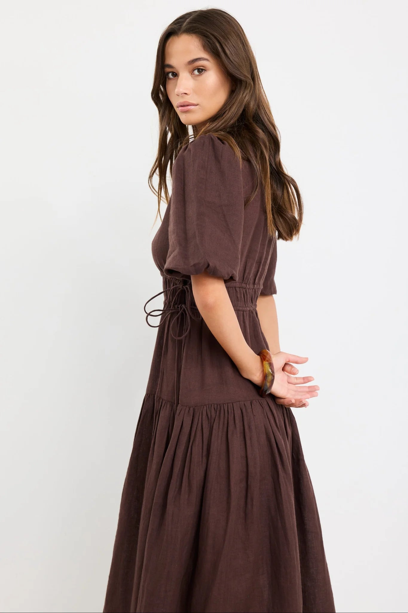 AMONG THE BRAVE GLORY CHOCOLATE LINEN PUFF SLEEVE MIDI DRESS - THE VOGUE STORE
