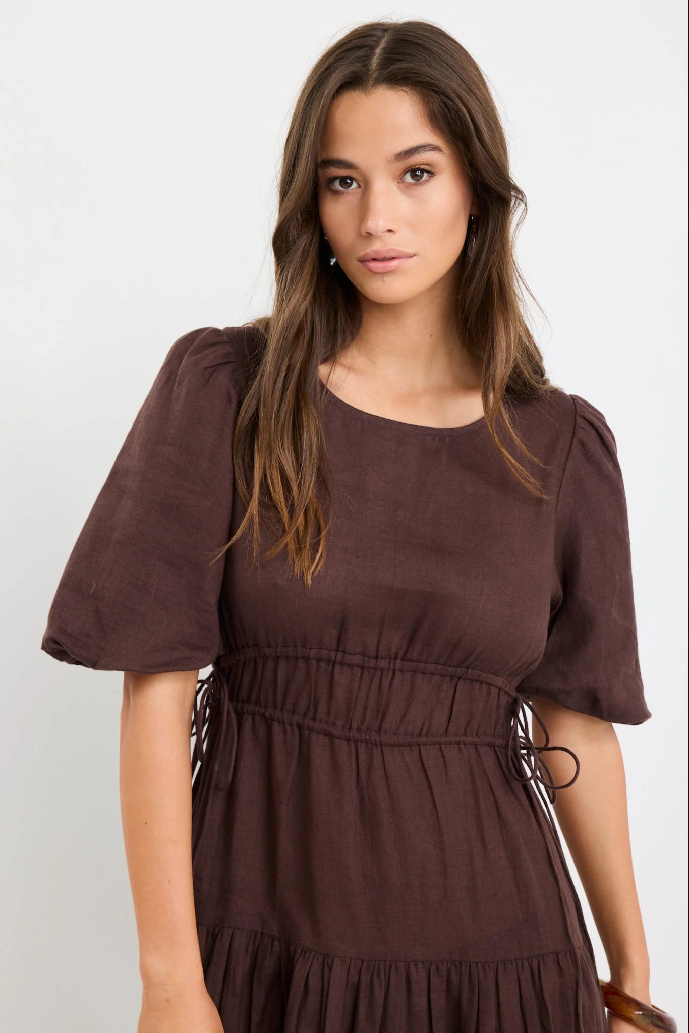 AMONG THE BRAVE GLORY CHOCOLATE LINEN PUFF SLEEVE MIDI DRESS - THE VOGUE STORE