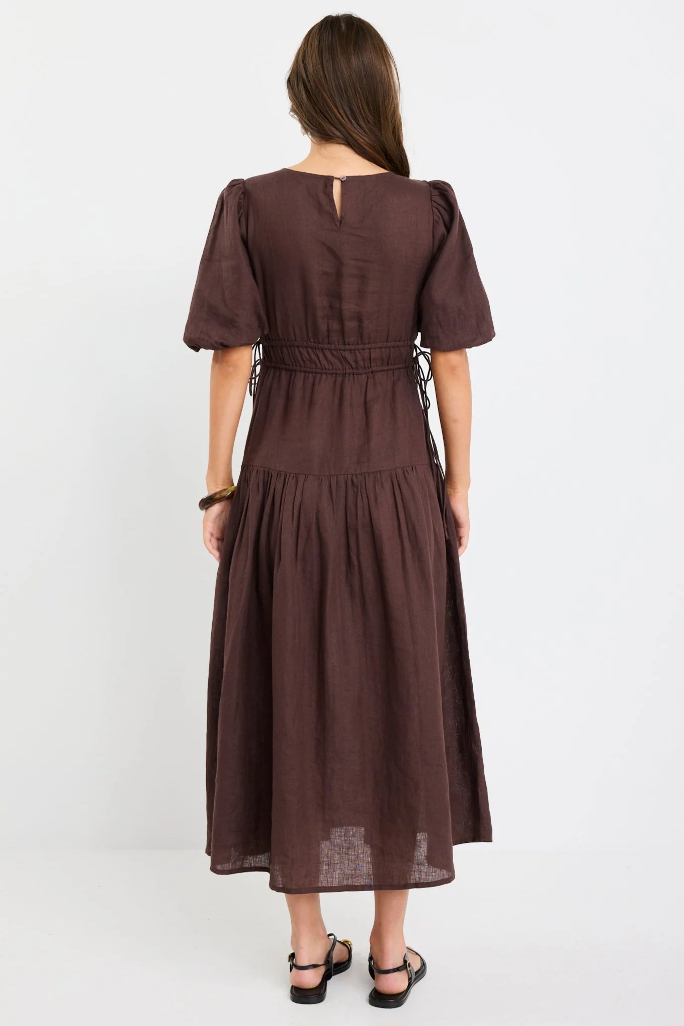 AMONG THE BRAVE GLORY CHOCOLATE LINEN PUFF SLEEVE MIDI DRESS - THE VOGUE STORE