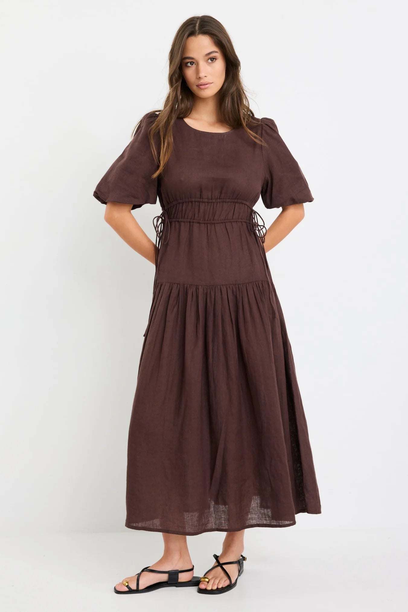AMONG THE BRAVE GLORY CHOCOLATE LINEN PUFF SLEEVE MIDI DRESS - THE VOGUE STORE
